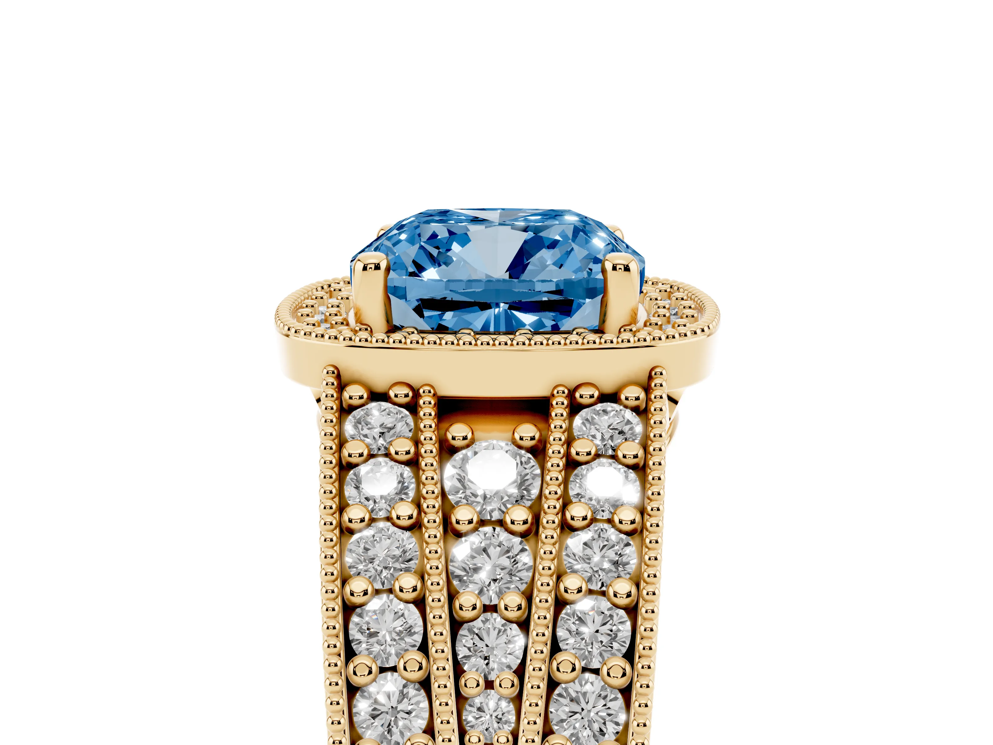 Fancy Blue Cushion Cut Diamond Halo Ring Set in Yellow gold with Accent Split Shank and Prong Setting