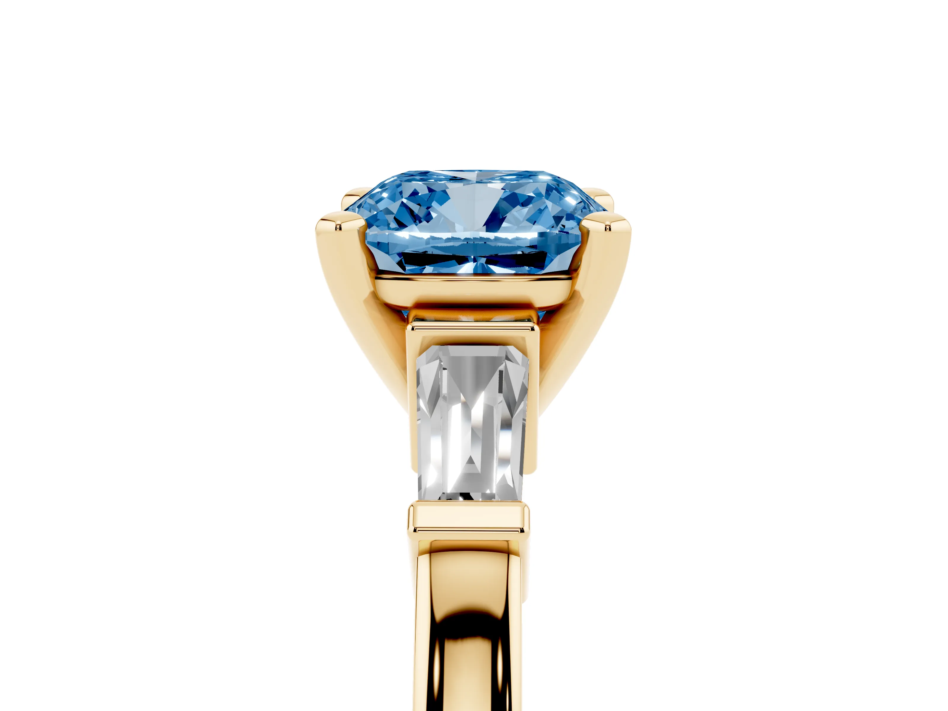 Fancy Blue Cushion Cut Diamond Solitaire Ring Set in Yellow gold with Tapered Baguette Accents and Prong Setting