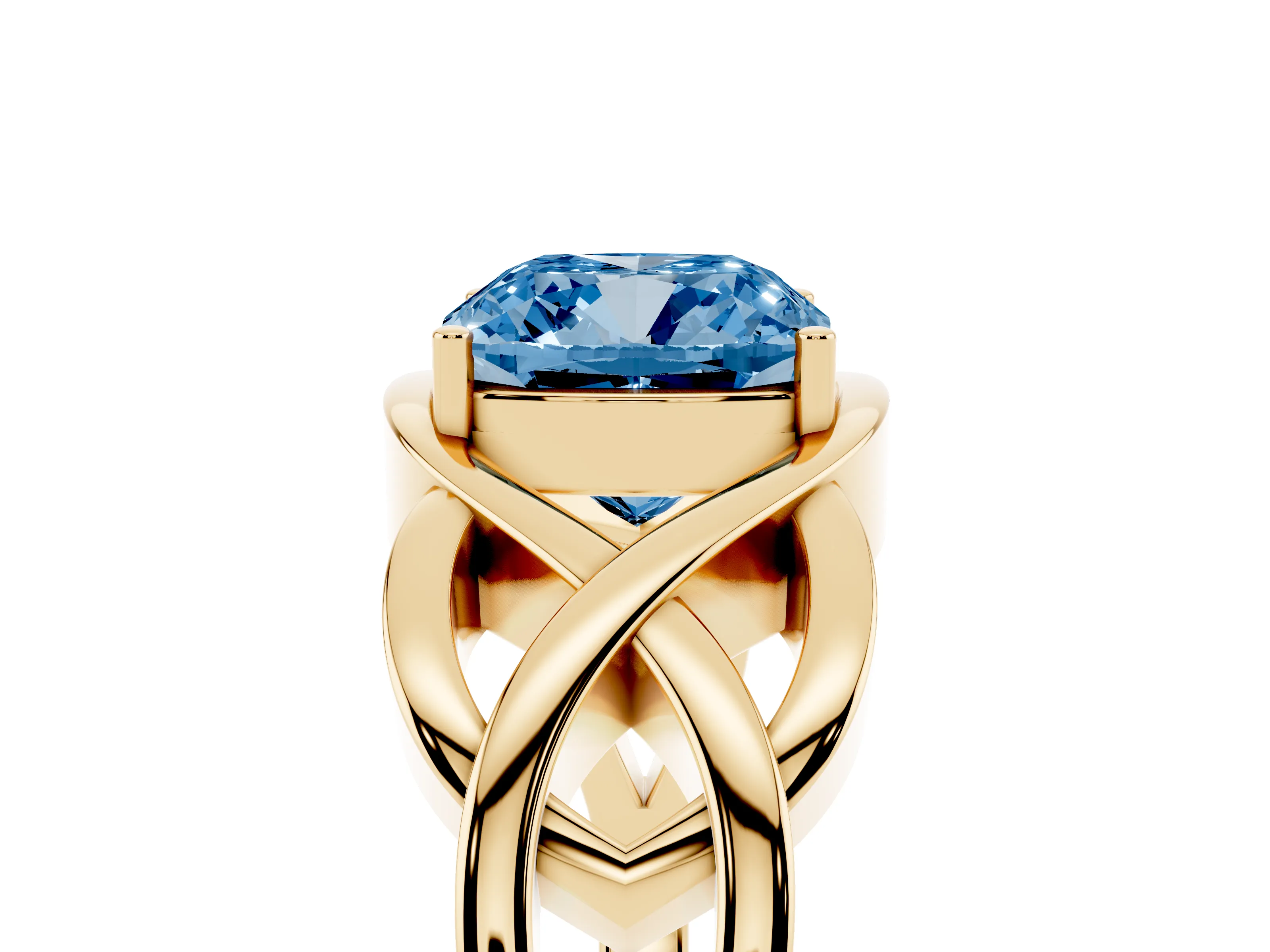 Fancy Blue Cushion Cut Diamond Solitaire Ring Set in Yellow gold with Intertwined Band