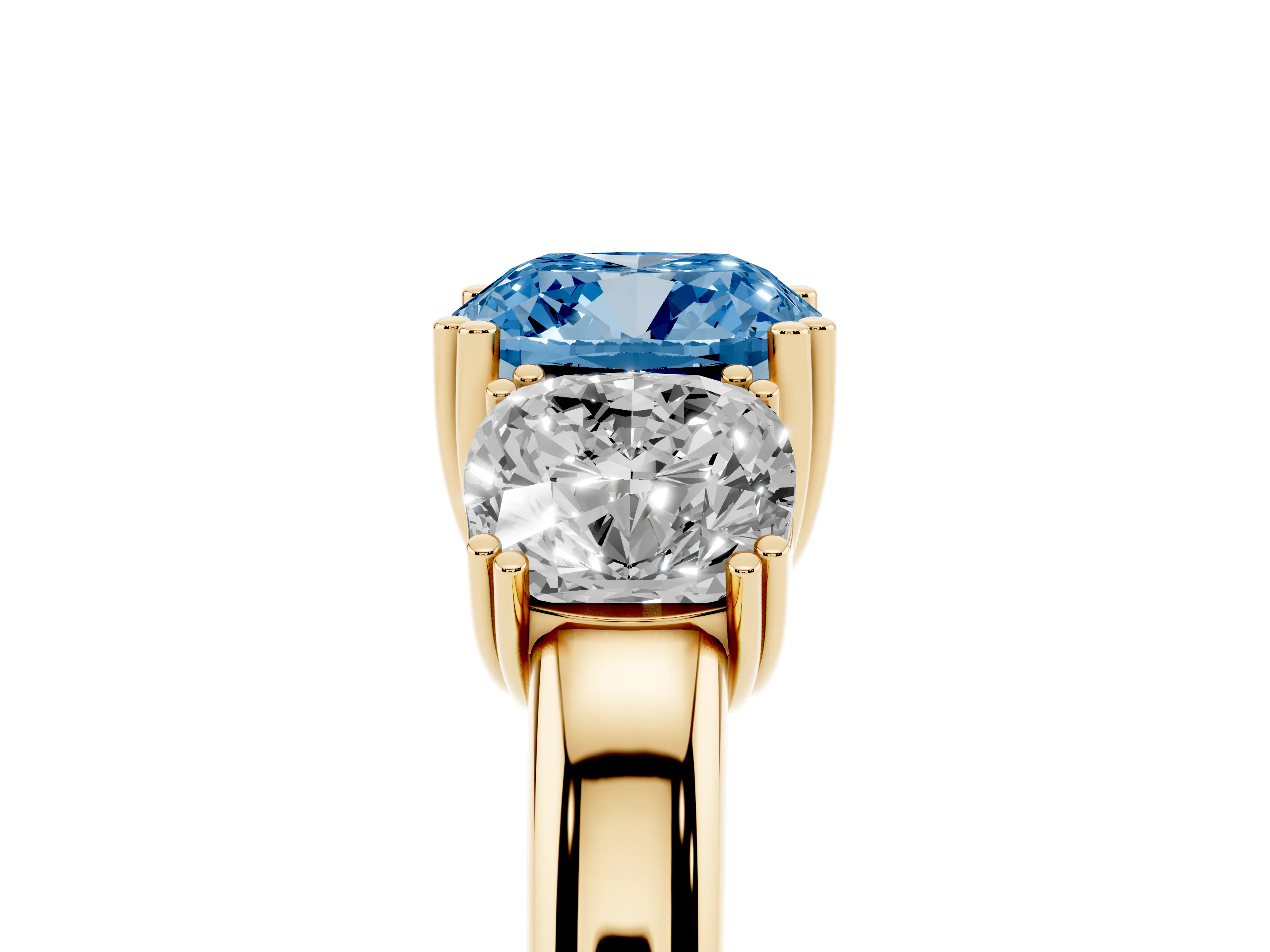 Fancy Blue Cushion Cut Diamond Three-Stone Ring Set in Yellow gold with Polished Band and Prong Setting
