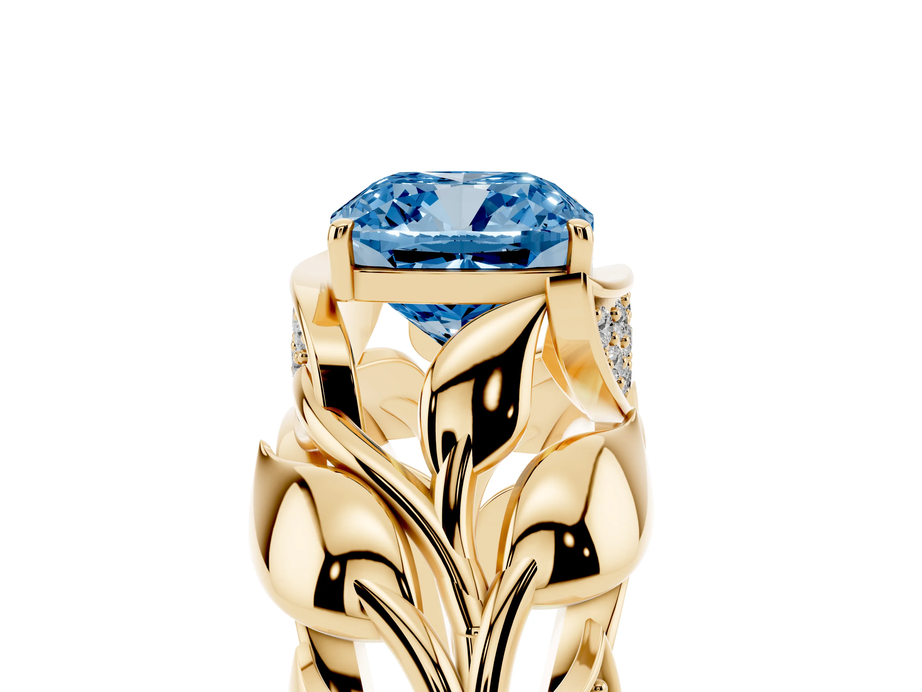 Fancy Blue Cushion Cut Diamond Leaf-Inspired Engagement Ring Set in Yellow gold with Round Accents
