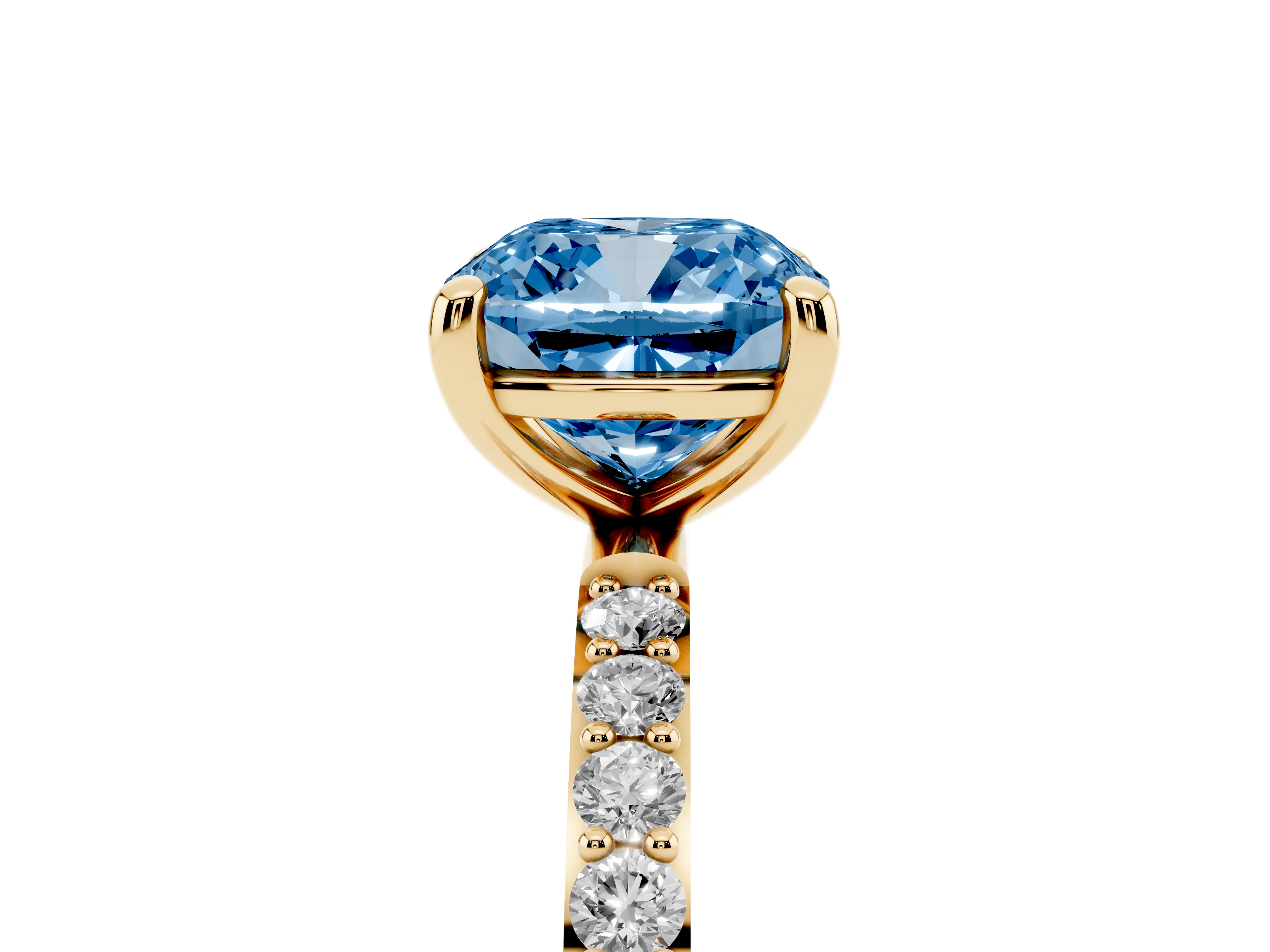 Fancy Blue Cushion Cut Diamond Solitaire Ring Set in Yellow gold with Round Pavé Band and Prong Setting