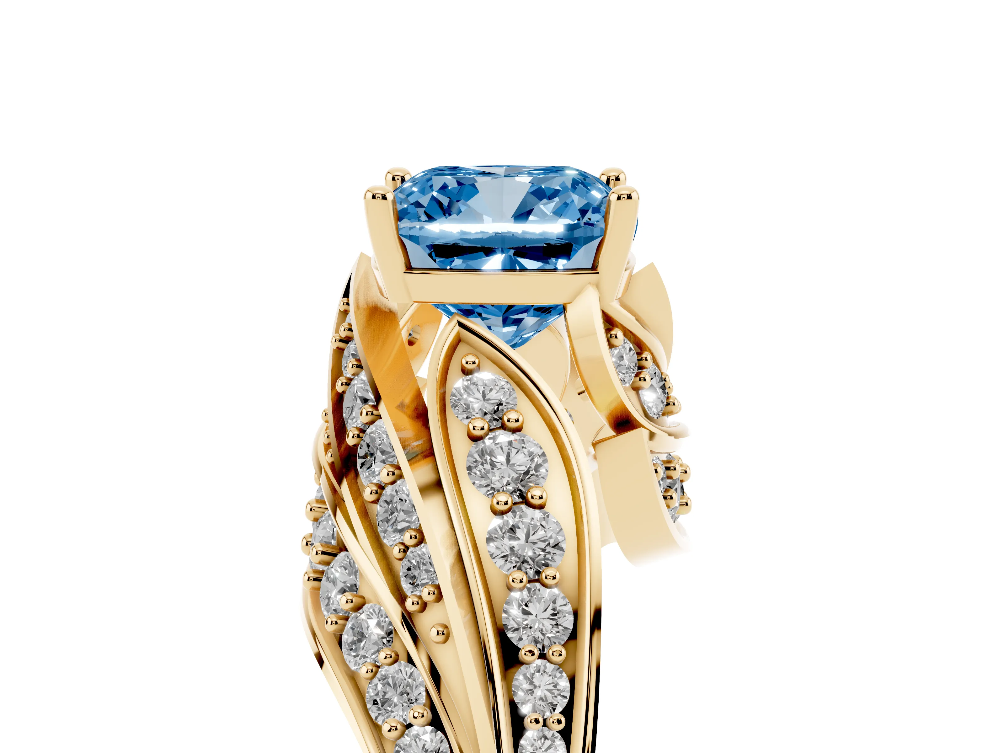 Fancy Blue Cushion Cut Diamond Solitaire Ring Set in Yellow gold with Layered Twist Pavé Band