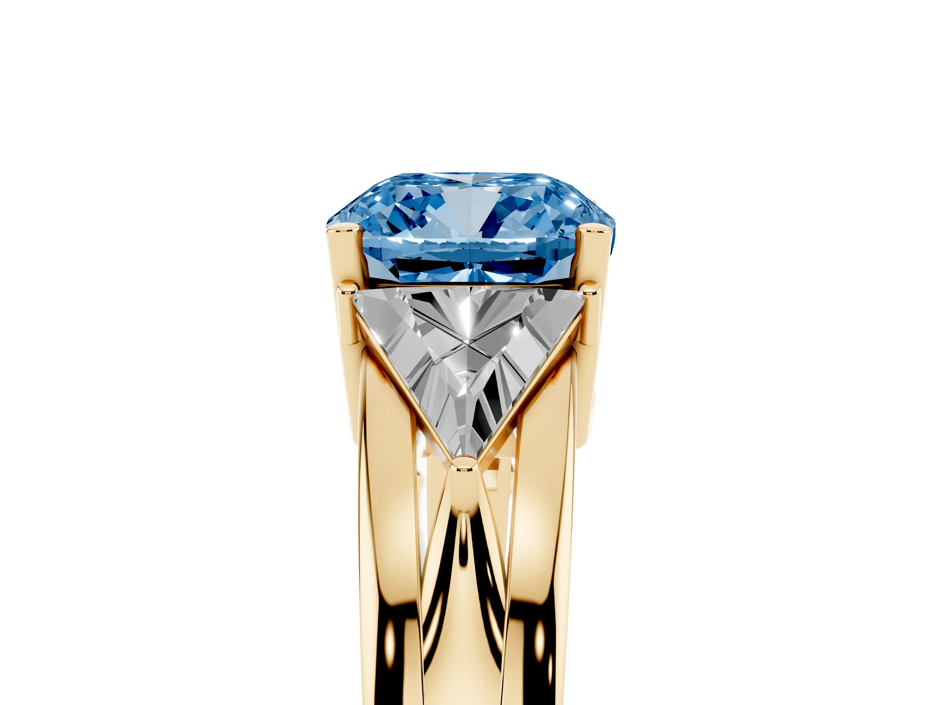 Fancy Blue Cushion Cut Diamond Three-Stone Ring Set in Yellow gold with Trillion Side Stones and Split Shank