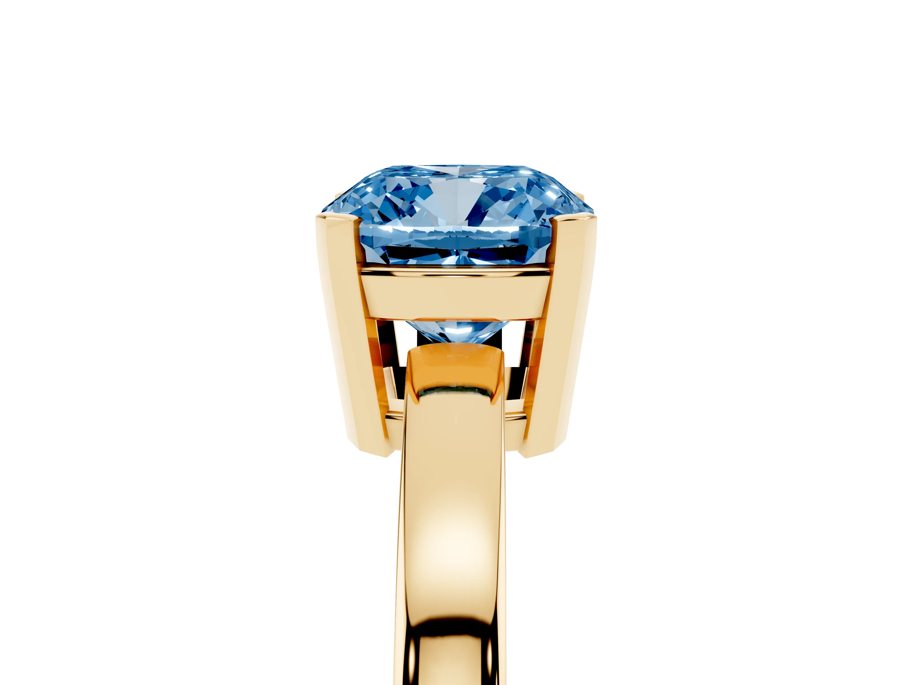 Fancy Blue Cushion Cut Diamond Solitaire Ring Set in Yellow gold with Prong Head and Smooth Polished Band