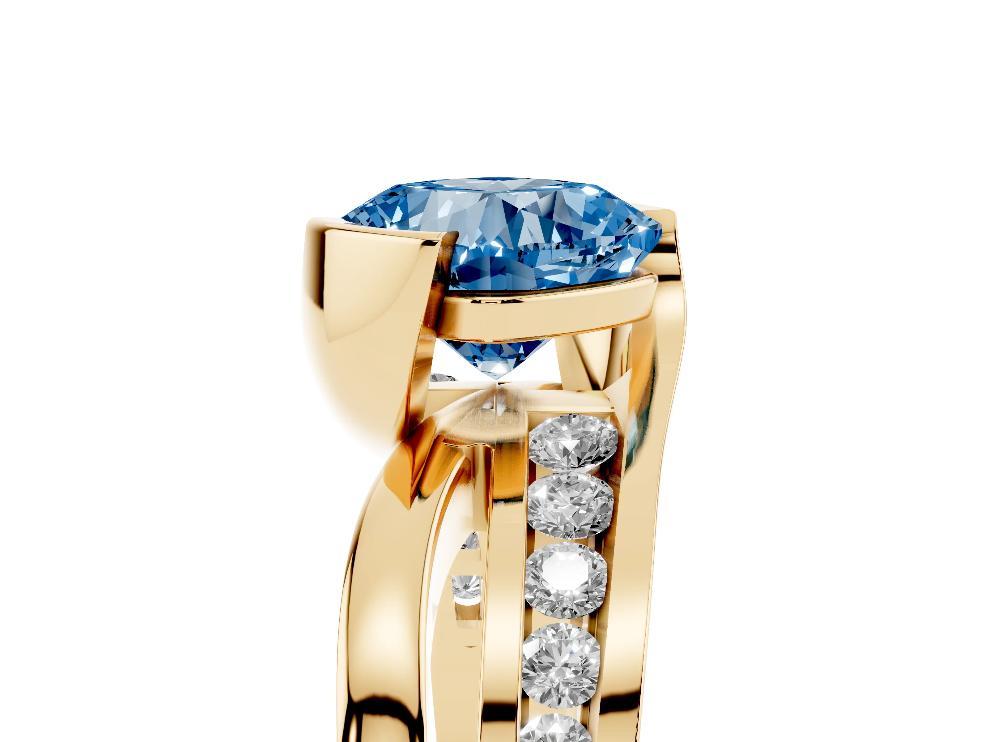 Fancy Blue Cushion Cut Diamond Solitaire Ring Set in Yellow gold with Channel Set Split Shank and Tension Prongs