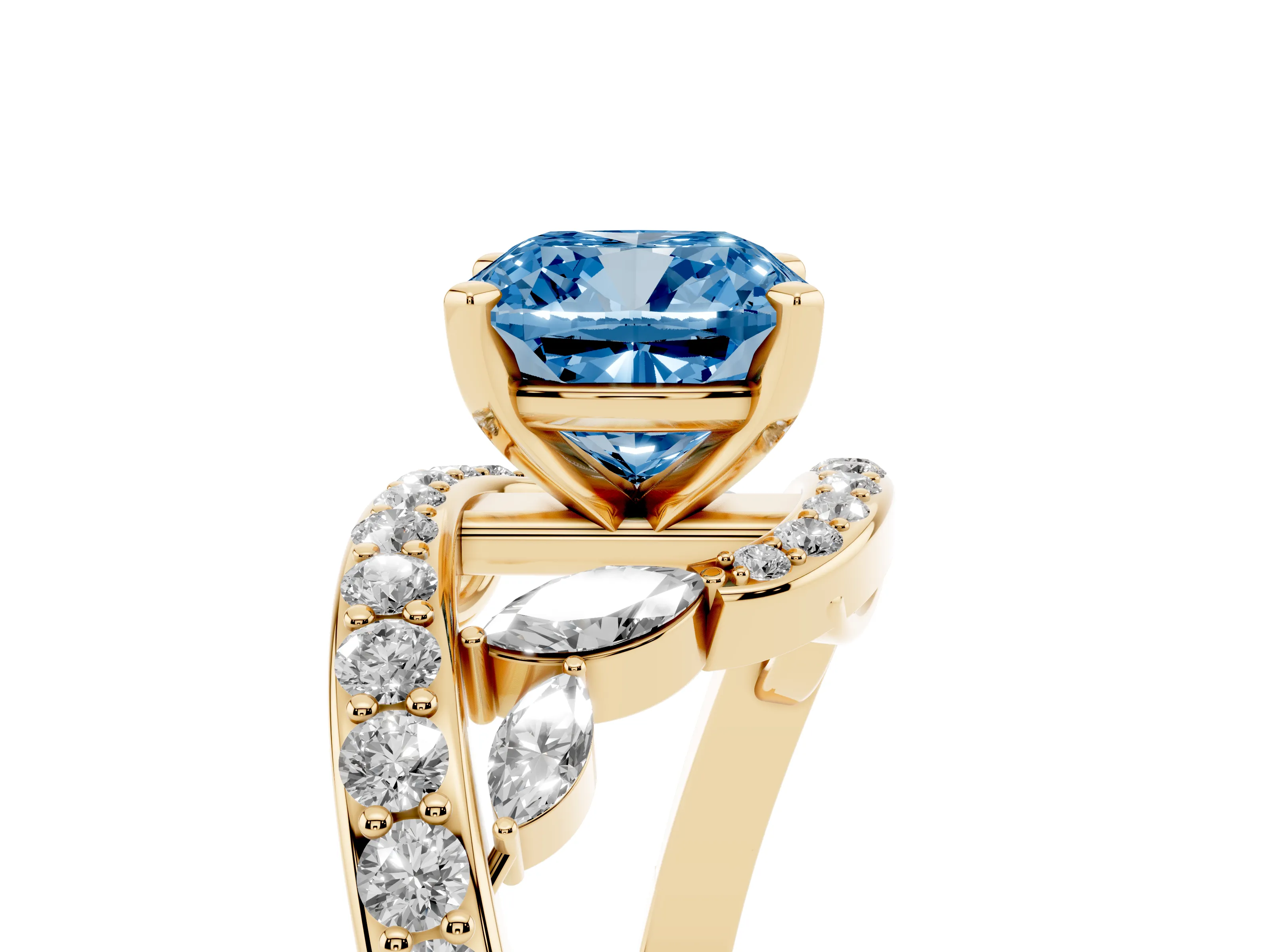 Fancy Blue Cushion Cut Diamond Solitaire Ring Set in Yellow gold with Filigree Band and Prong Setting