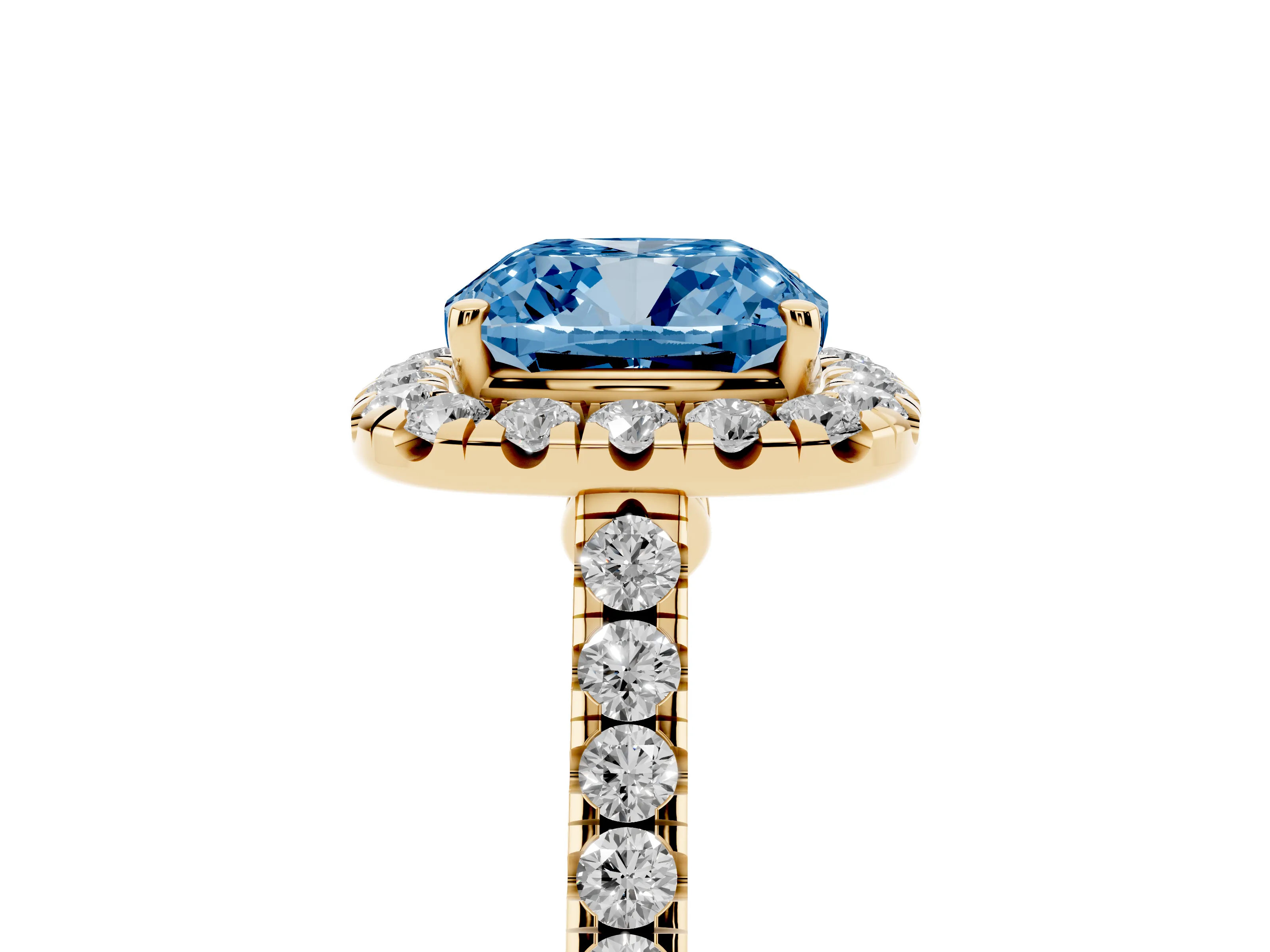 Fancy Blue Cushion Cut Diamond Halo Pavé Engagement Ring Set in Yellow gold with Prong Setting