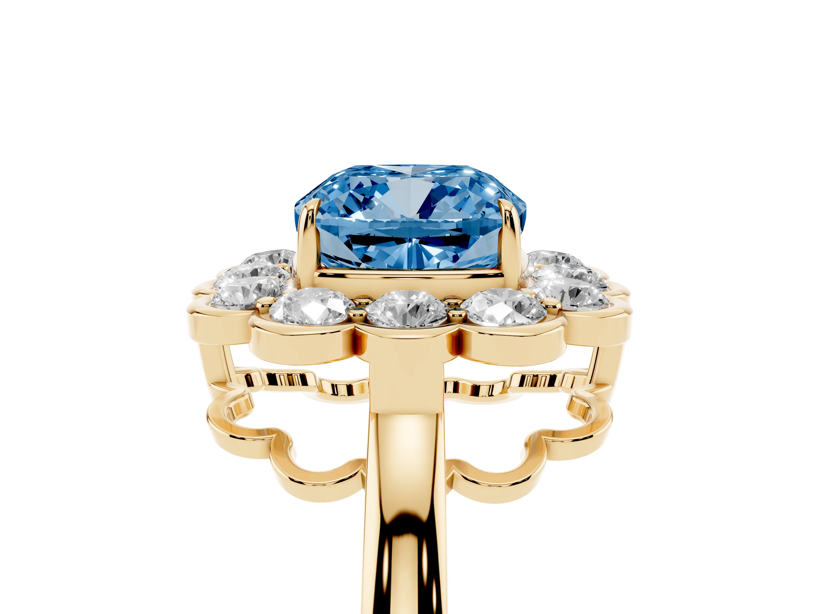 Fancy Blue Cushion Cut Diamond Halo Cluster Engagement Ring Set in Yellow gold with Solitaire Band and Prong Setting