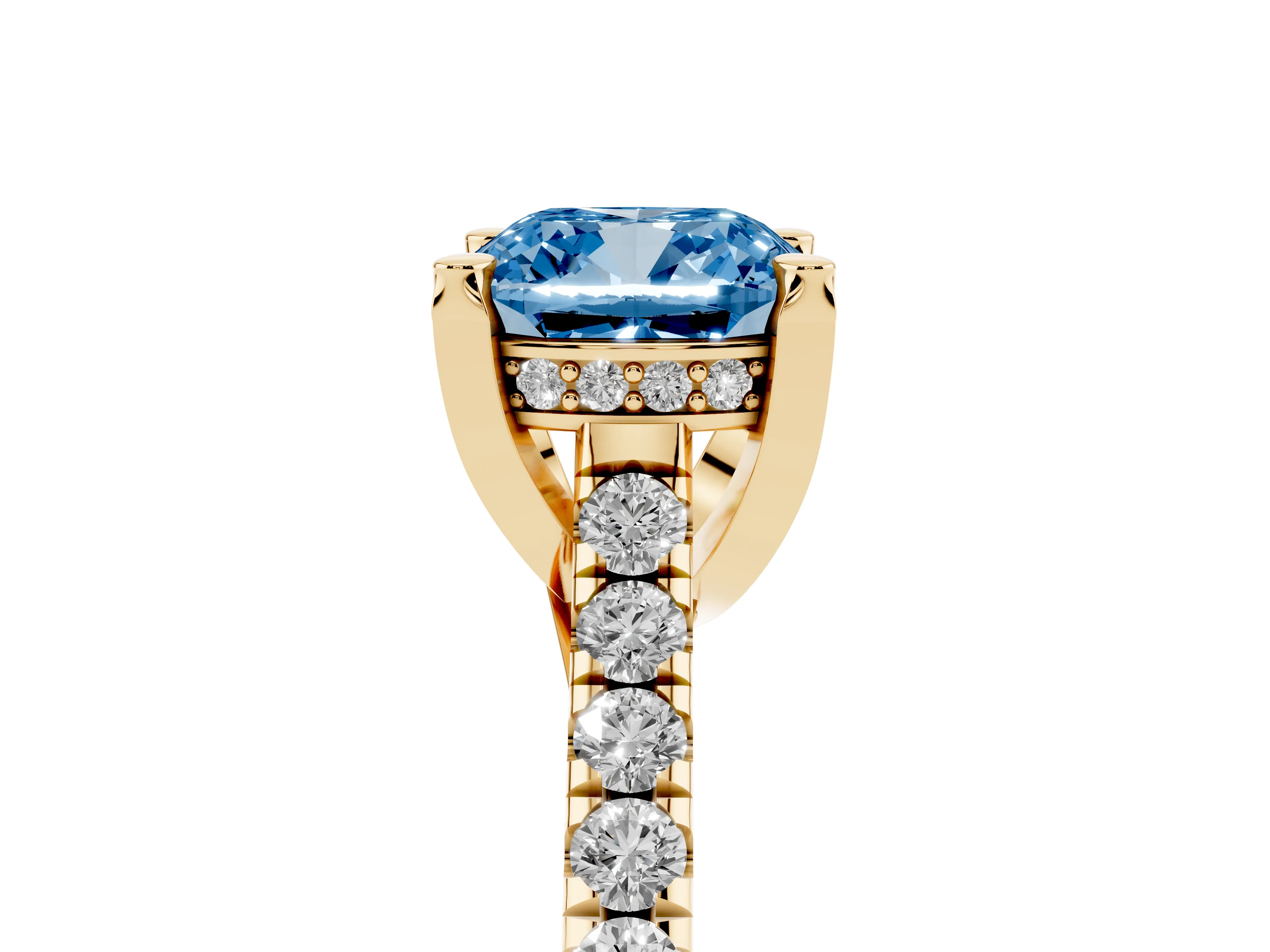 Fancy Blue Cushion Cut Diamond Solitaire Ring Set in Yellow gold with Brilliant Pavé Band and Prong Setting