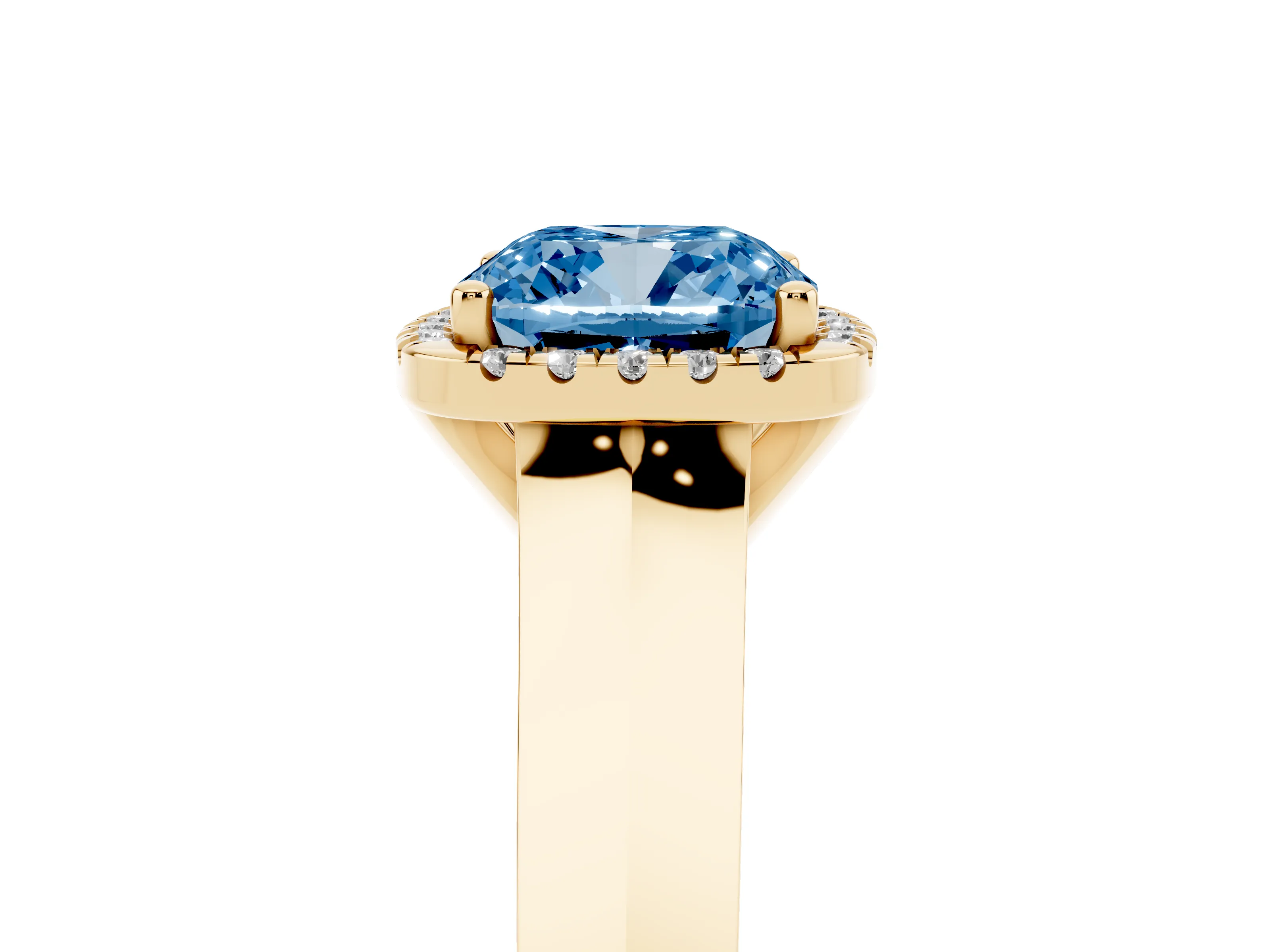 Fancy Blue Cushion Cut Diamond Halo Ring Set in Yellow gold with Cathedral Band and Prong Setting