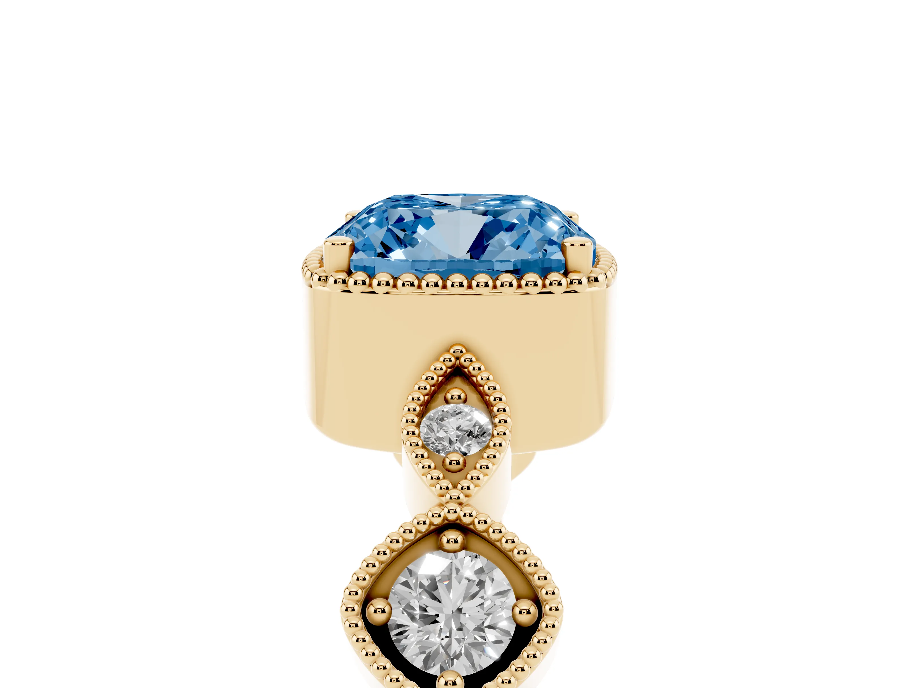 Fancy Blue Cushion Cut Diamond Vintage-Inspired Milgrain Ring Set in Yellow gold with Marquise Stations of Round Accents