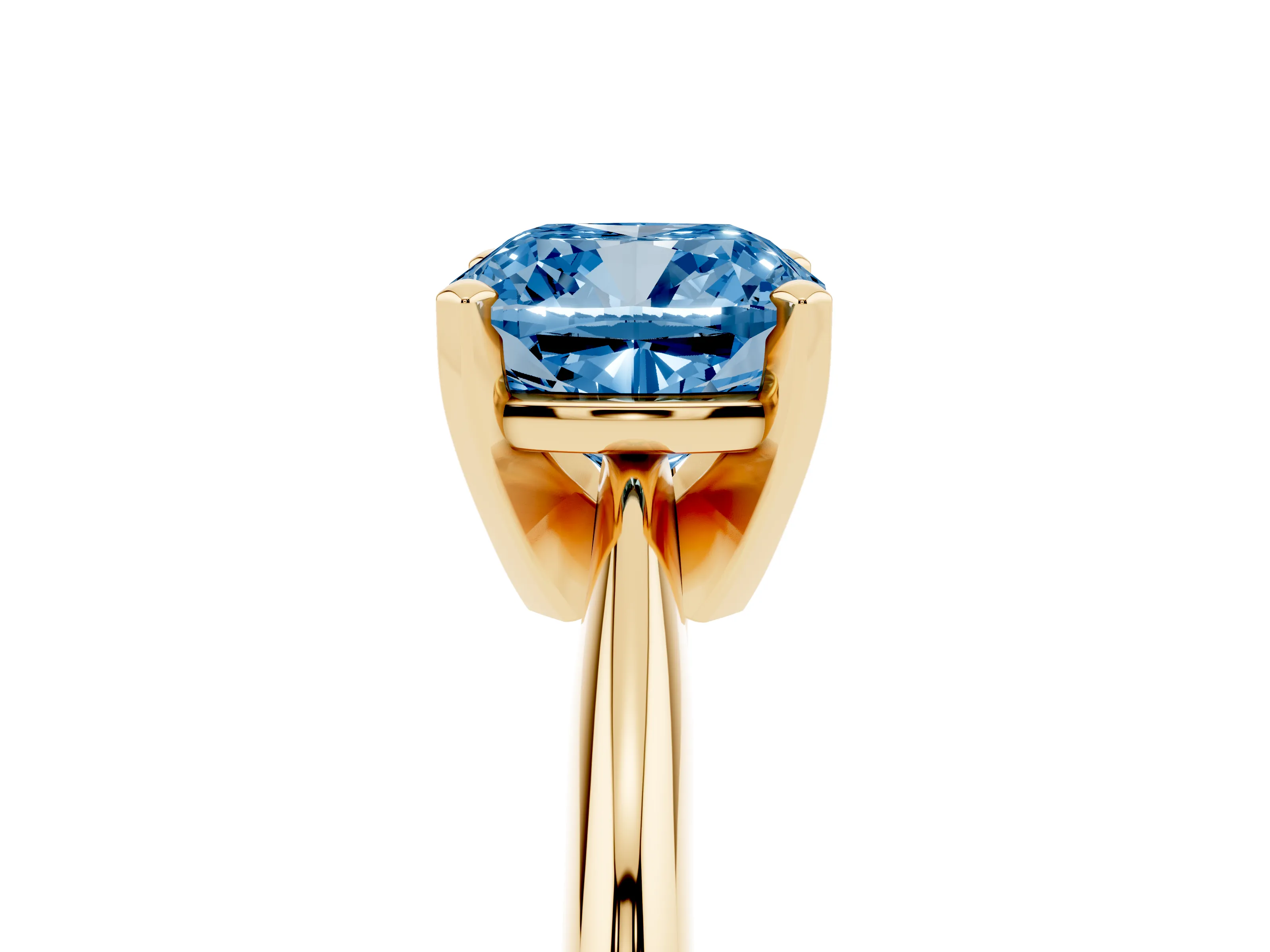 Fancy Blue Cushion Cut Diamond Solitaire Ring Set in Yellow gold with Prong Setting on a Plain Round Band