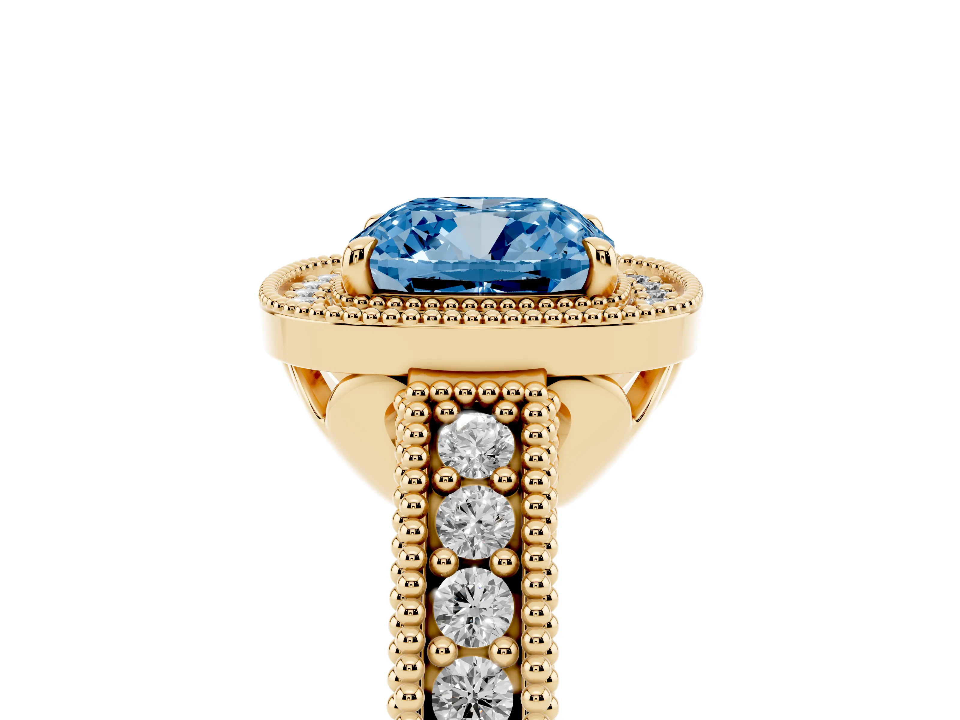 Fancy Blue Cushion Cut Diamond Halo Ring Set in Yellow gold with Round Accent Halo, Pavé Band and Prong Setting