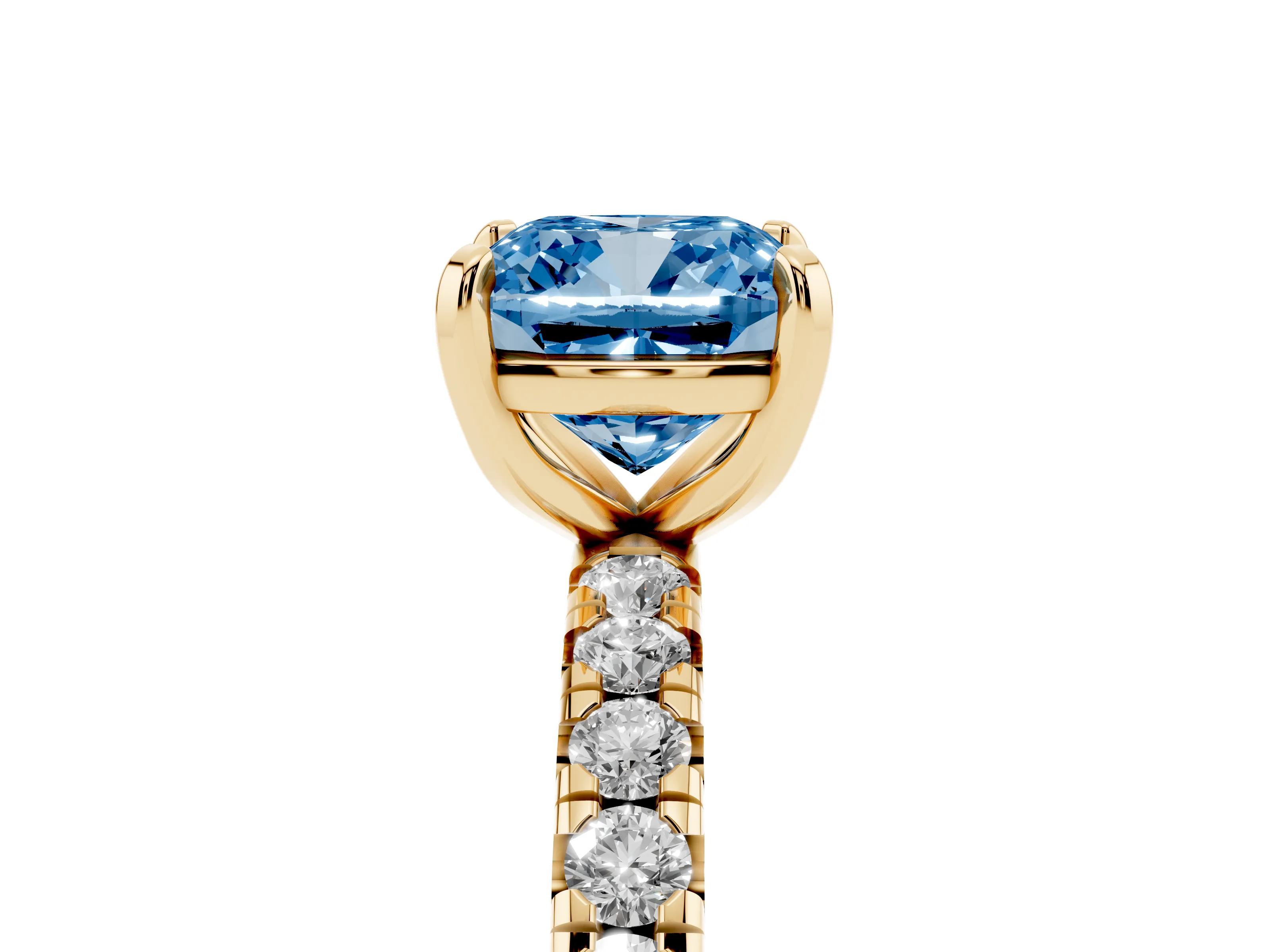 Fancy Blue Cushion Cut Diamond Pavé Solitaire Ring Set in Yellow gold with Round Band and Prong Setting