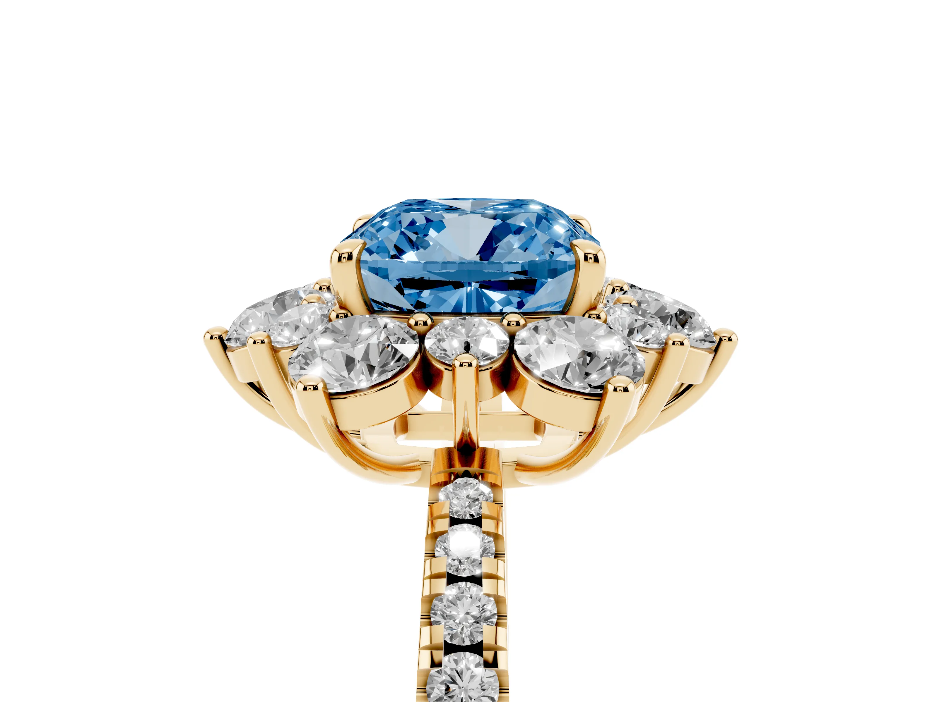 Fancy Blue Cushion Cut Diamond Floral Halo Ring Set in Yellow gold with Round Pavé Band and Prong Setting
