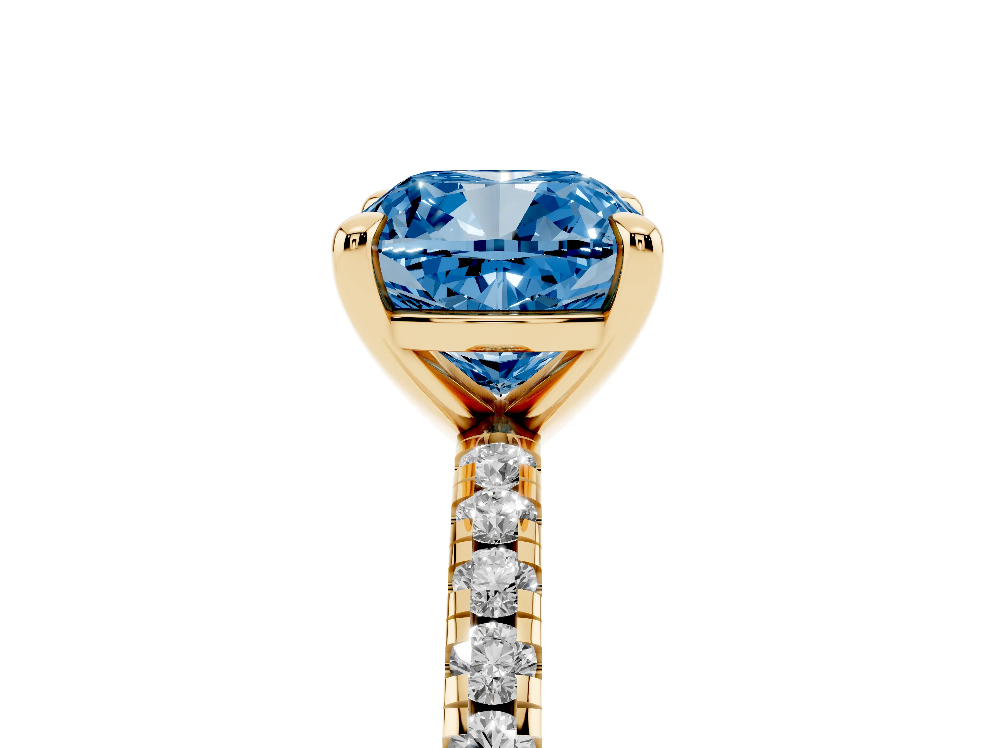Fancy Blue Cushion Cut Diamond Brilliant Solitaire Ring Set in Yellow gold with Pavé Band and Prong Setting
