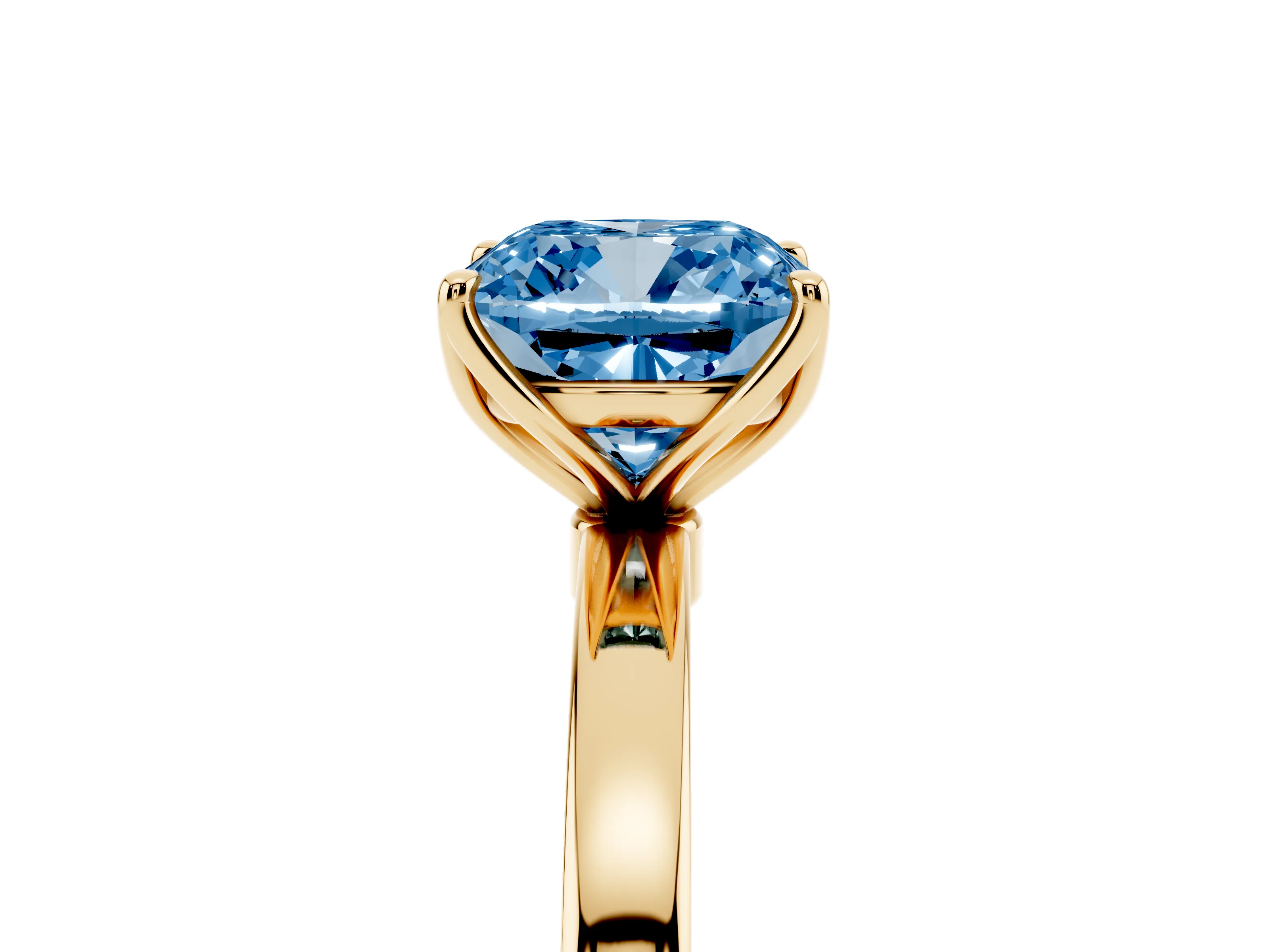Fancy Blue Cushion Cut Diamond Solitaire Ring Set in Yellow gold with Prong Setting and Thin Polished Band