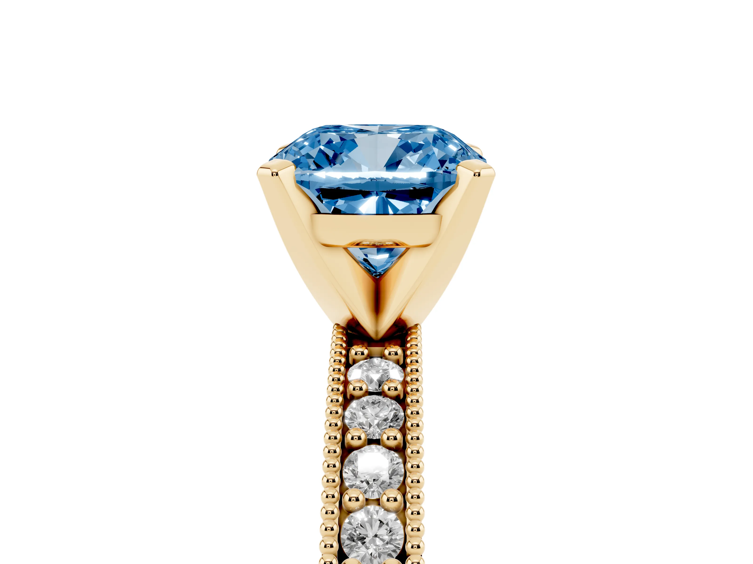 Fancy Blue Cushion Cut Diamond Milgrain Pavé Engagement Ring Set in Yellow gold with Prong Setting