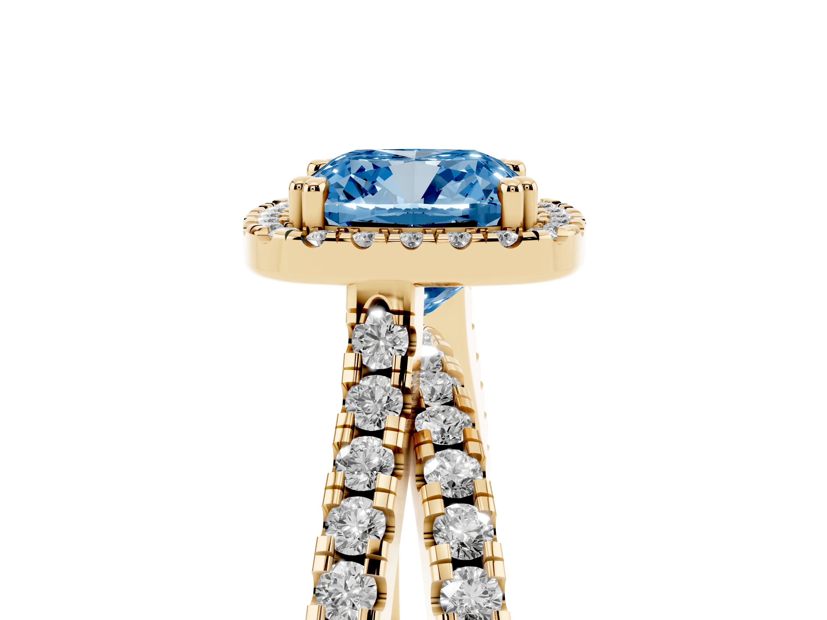Fancy Blue Cushion Cut Diamond Halo Split Shank Ring Set in Yellow gold with Pavé Setting