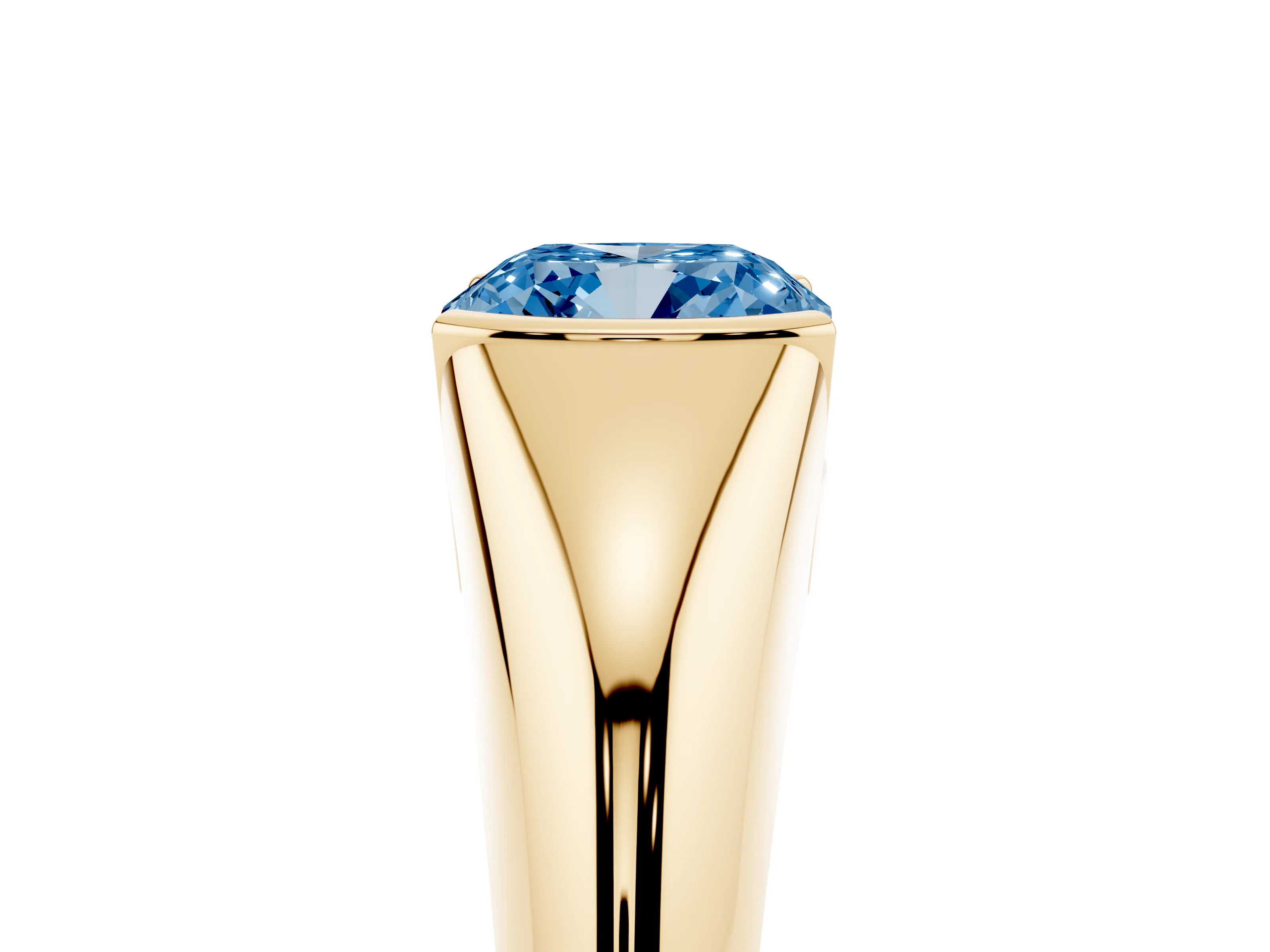 Fancy Blue Cushion Cut Diamond Solitaire Tension Set Ring Set in Yellow gold