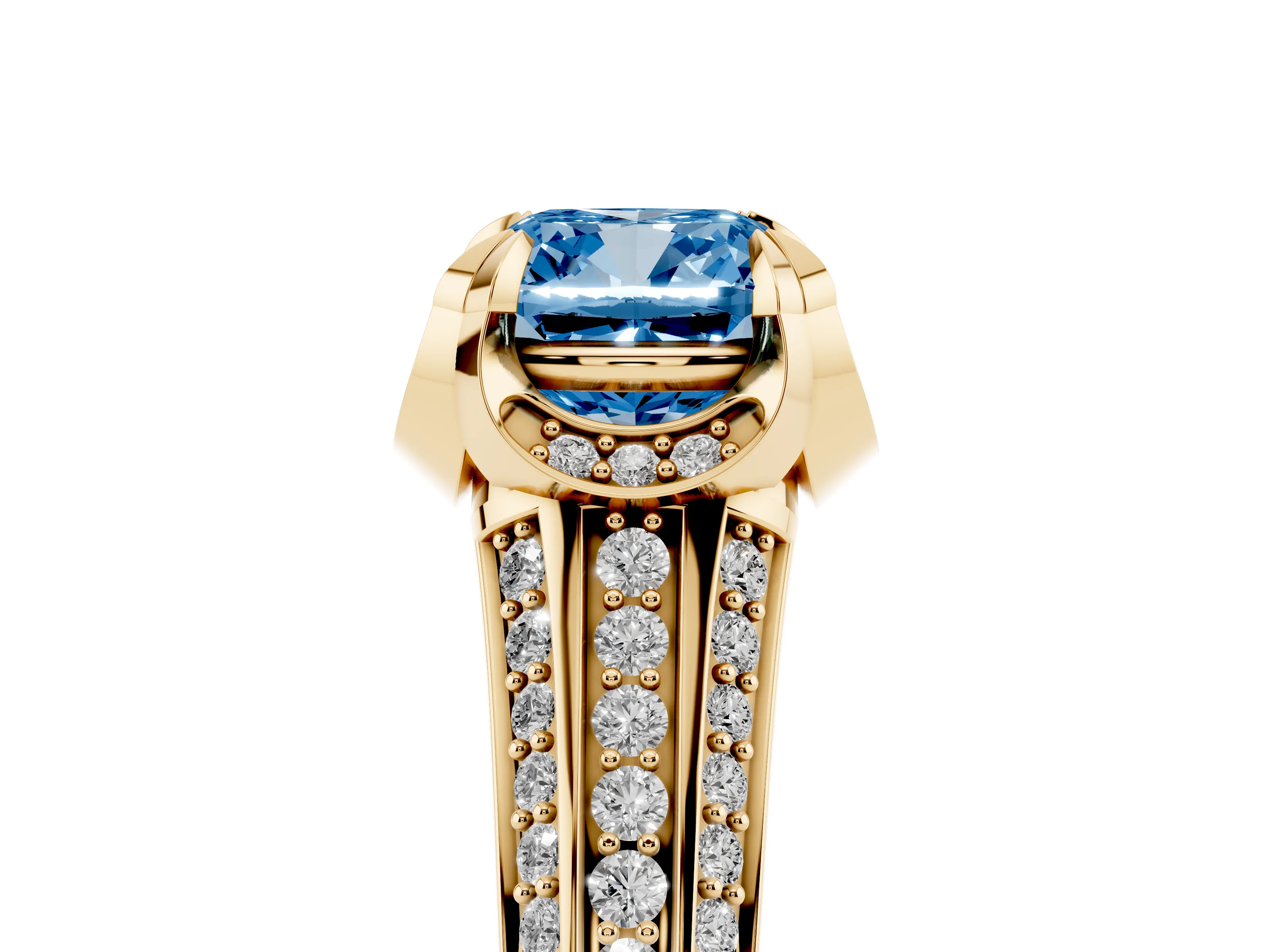 Fancy Blue Cushion Cut Diamond Pavé Split Shank Solitaire Ring Set in Yellow gold with Prong Setting