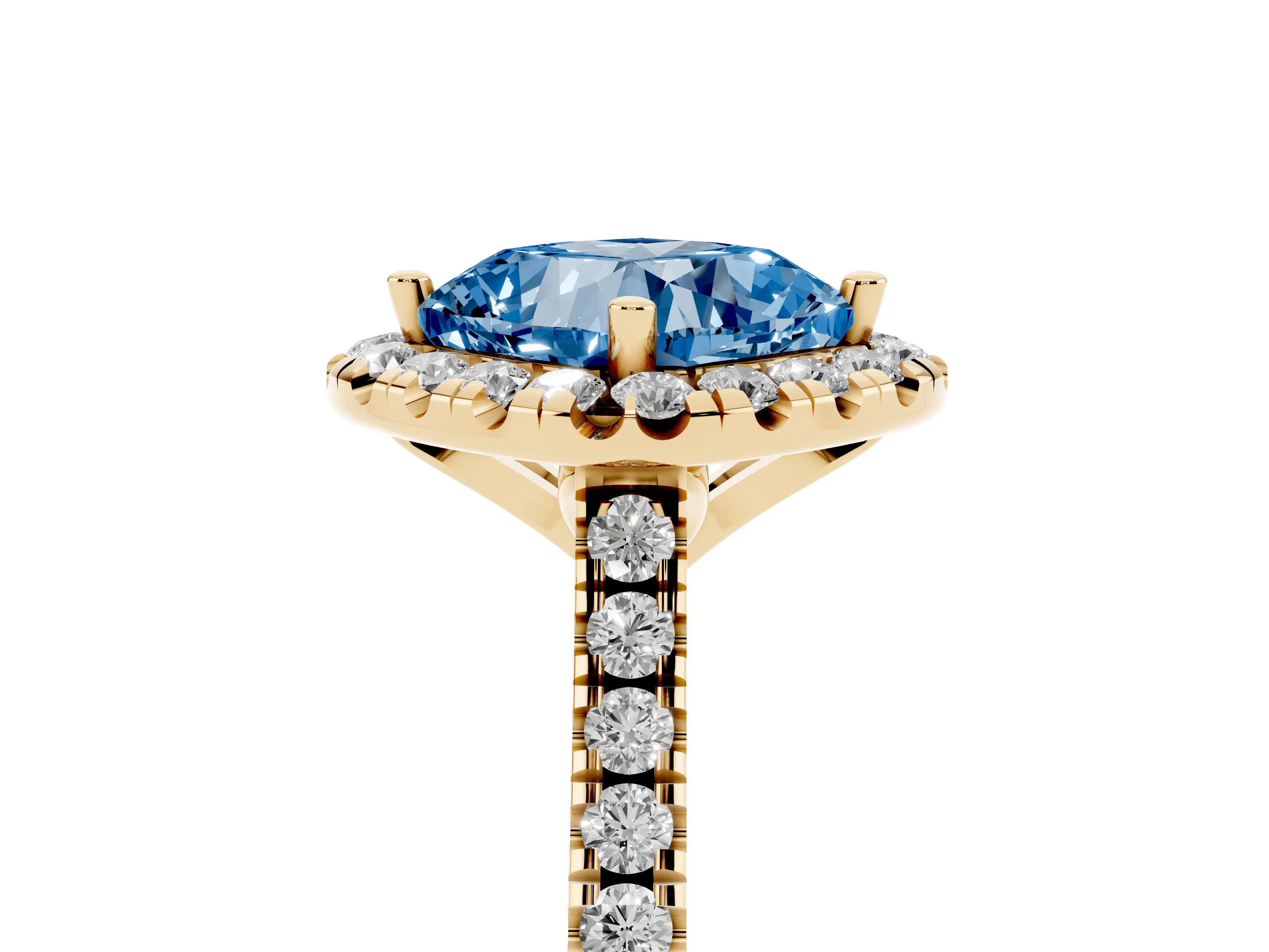 Fancy Blue Cushion Cut Diamond Cushion Halo Ring Set in Yellow gold with Pavé Band