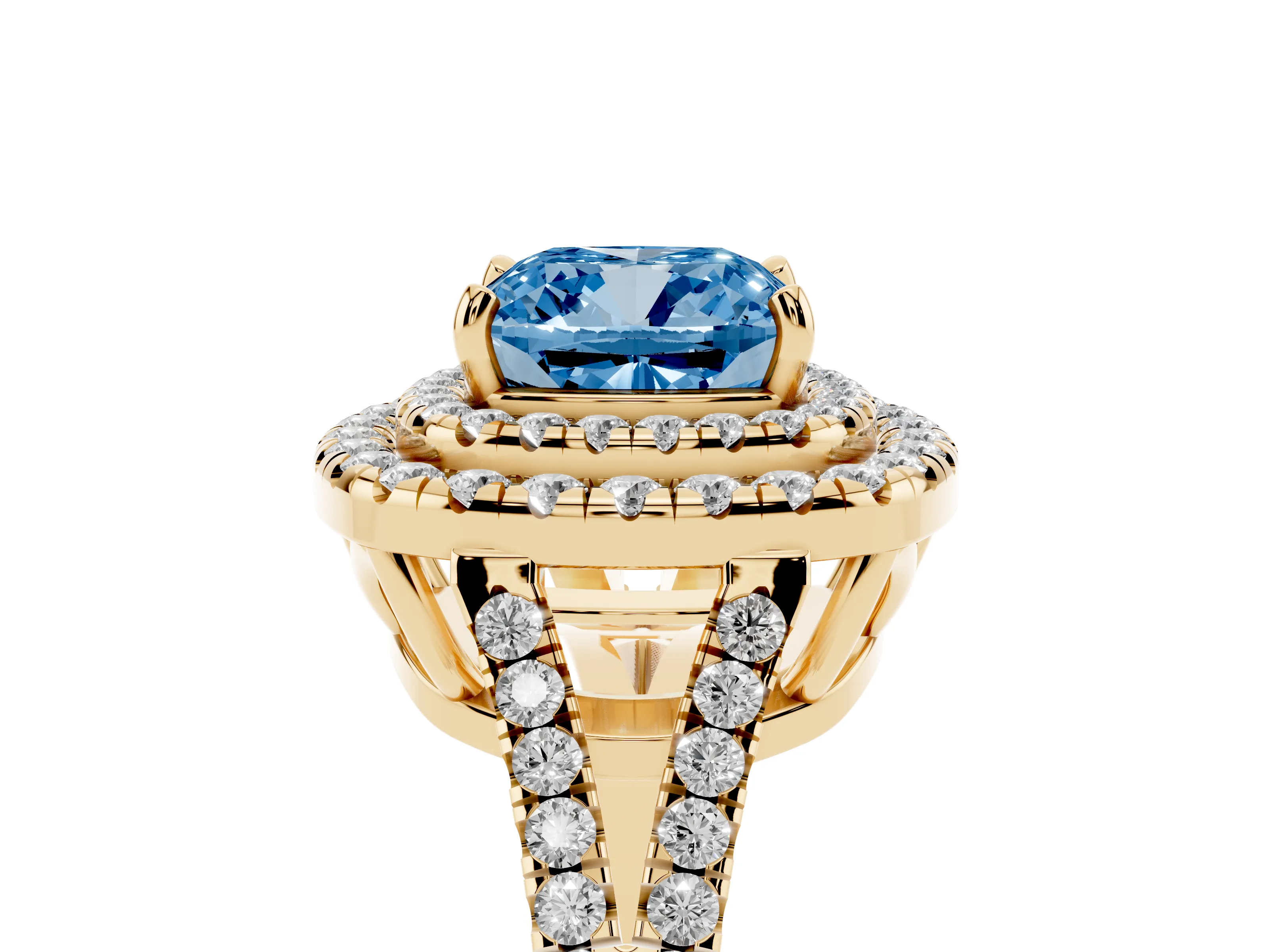 Fancy Blue Cushion Cut Diamond Double Halo Ring Set in Yellow gold with Pavé Band