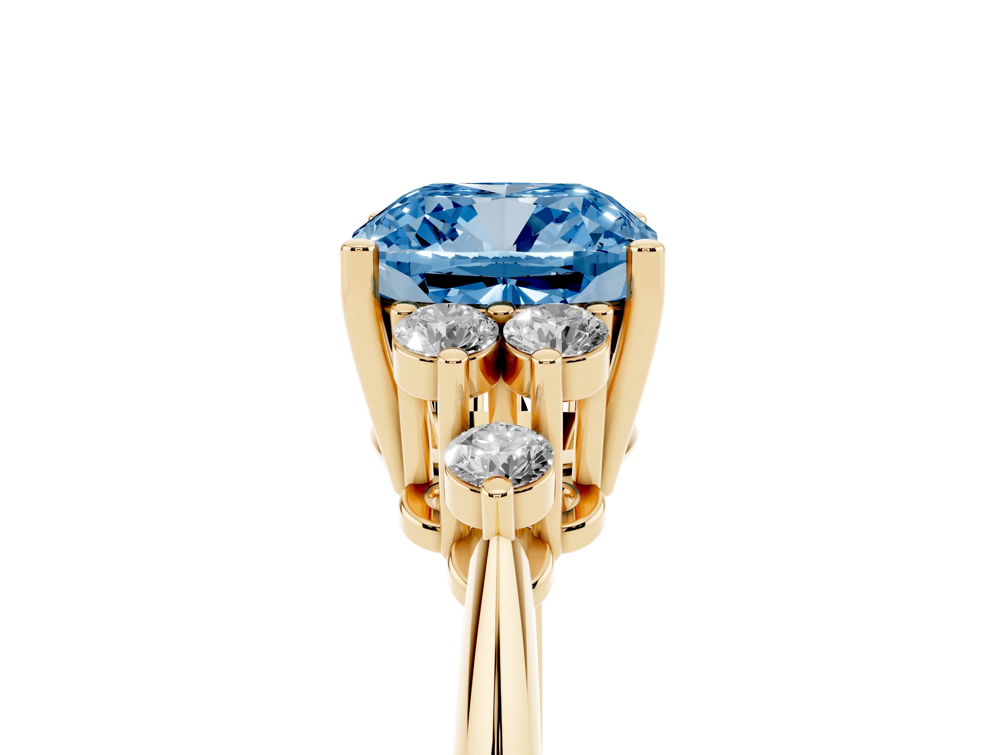 Fancy Blue Cushion Cut Diamond Cluster Ring Set in Yellow gold with Plain Band and Prong Setting