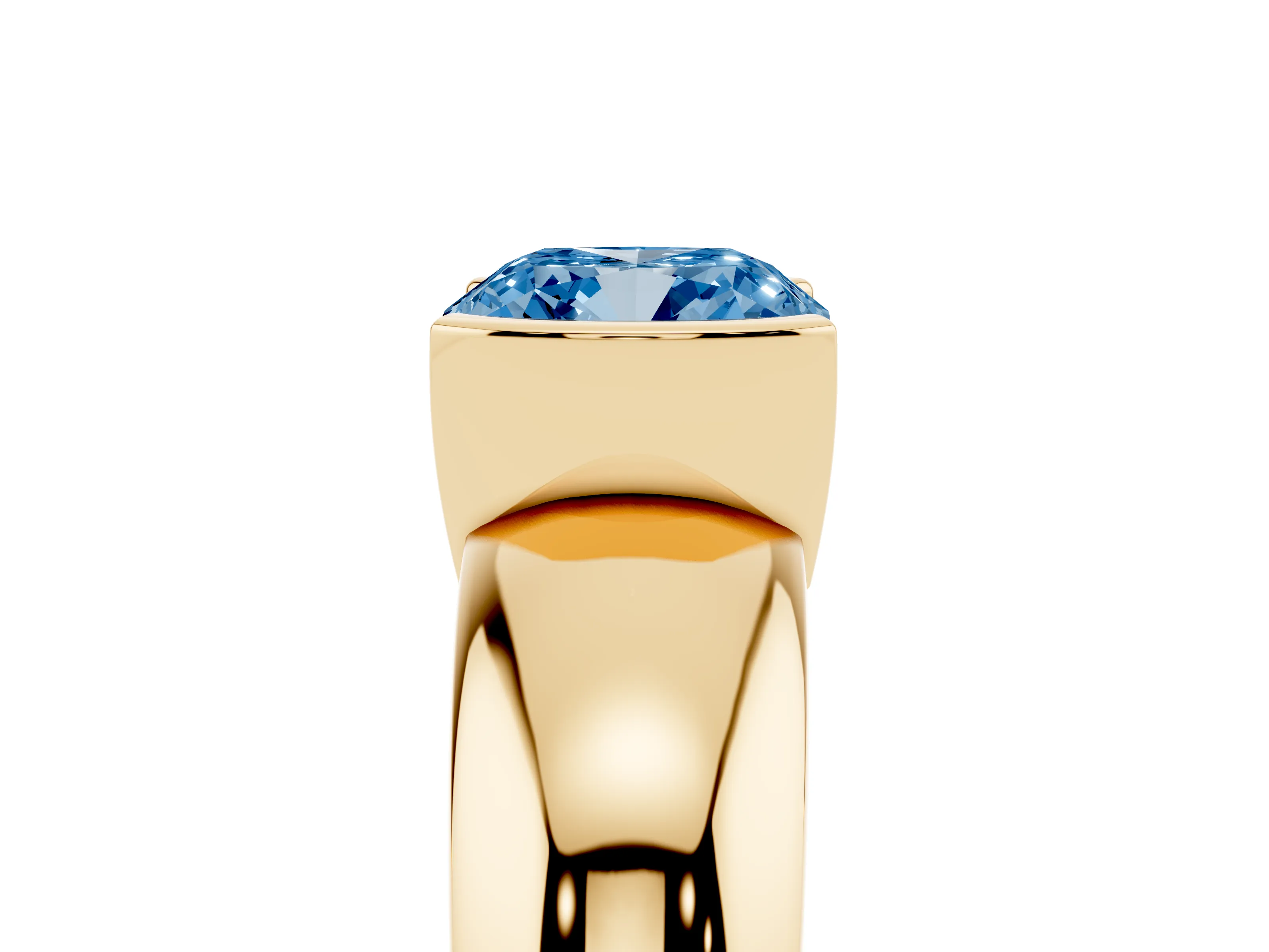 Fancy Blue Cushion Cut Diamond Solitaire Tension Set Ring Set in Yellow gold with Wide Band