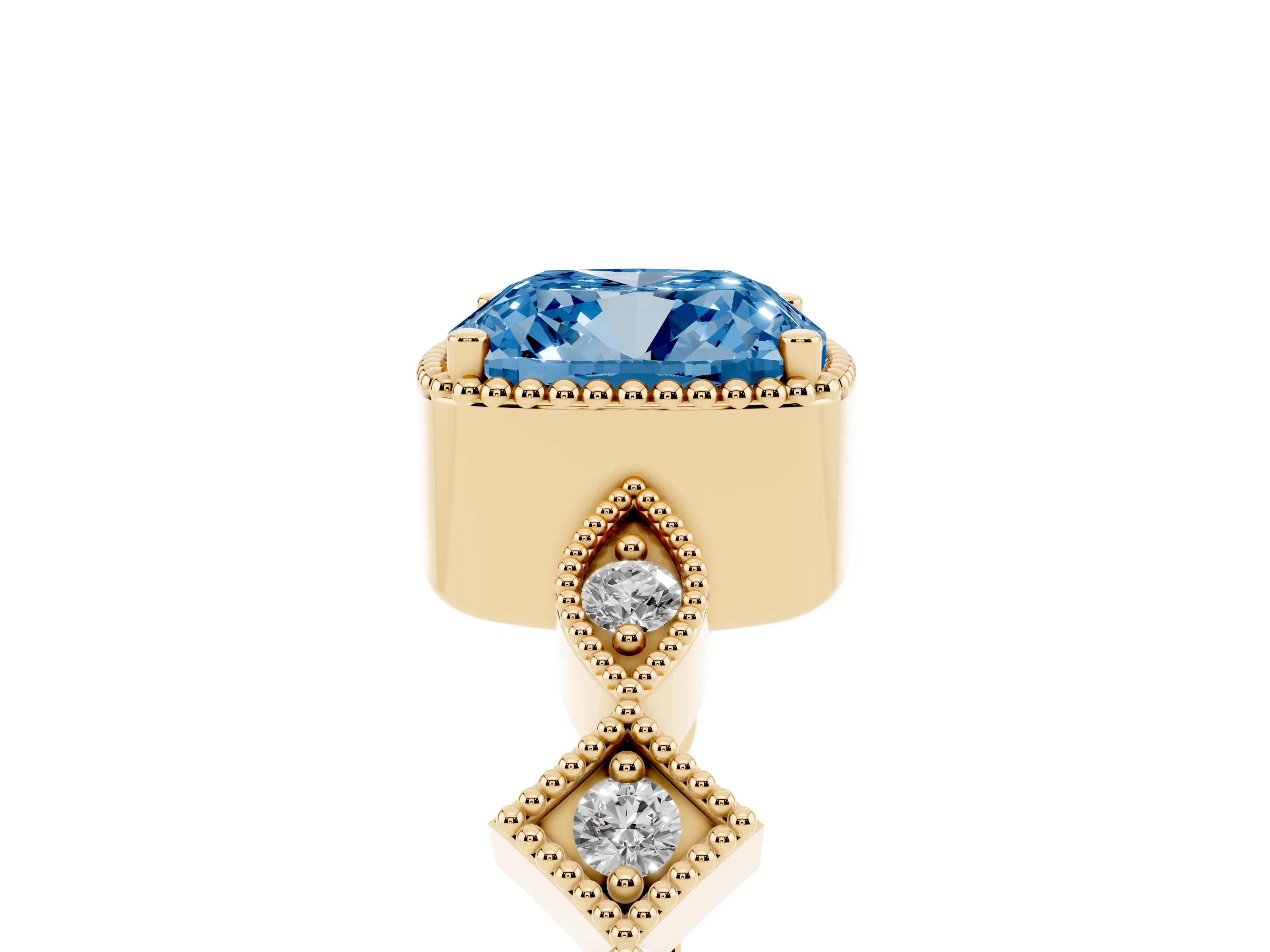 Fancy Blue Cushion Cut Diamond Milgrain Marquise Twist Band Ring Set in Yellow gold with Prong Setting