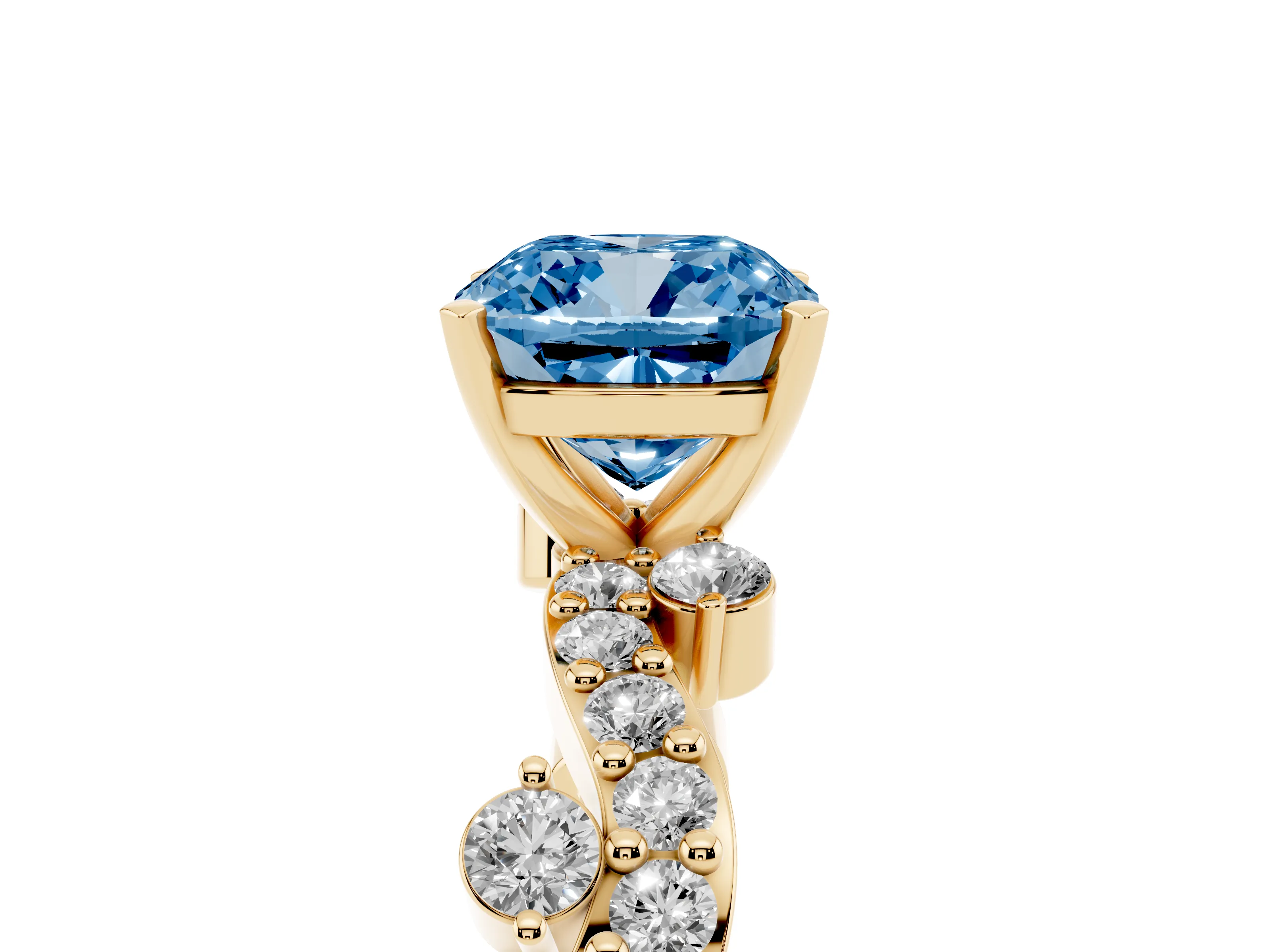Fancy Blue Cushion Cut Diamond Solitaire Twisted Band Set in Yellow gold with Pavé Setting