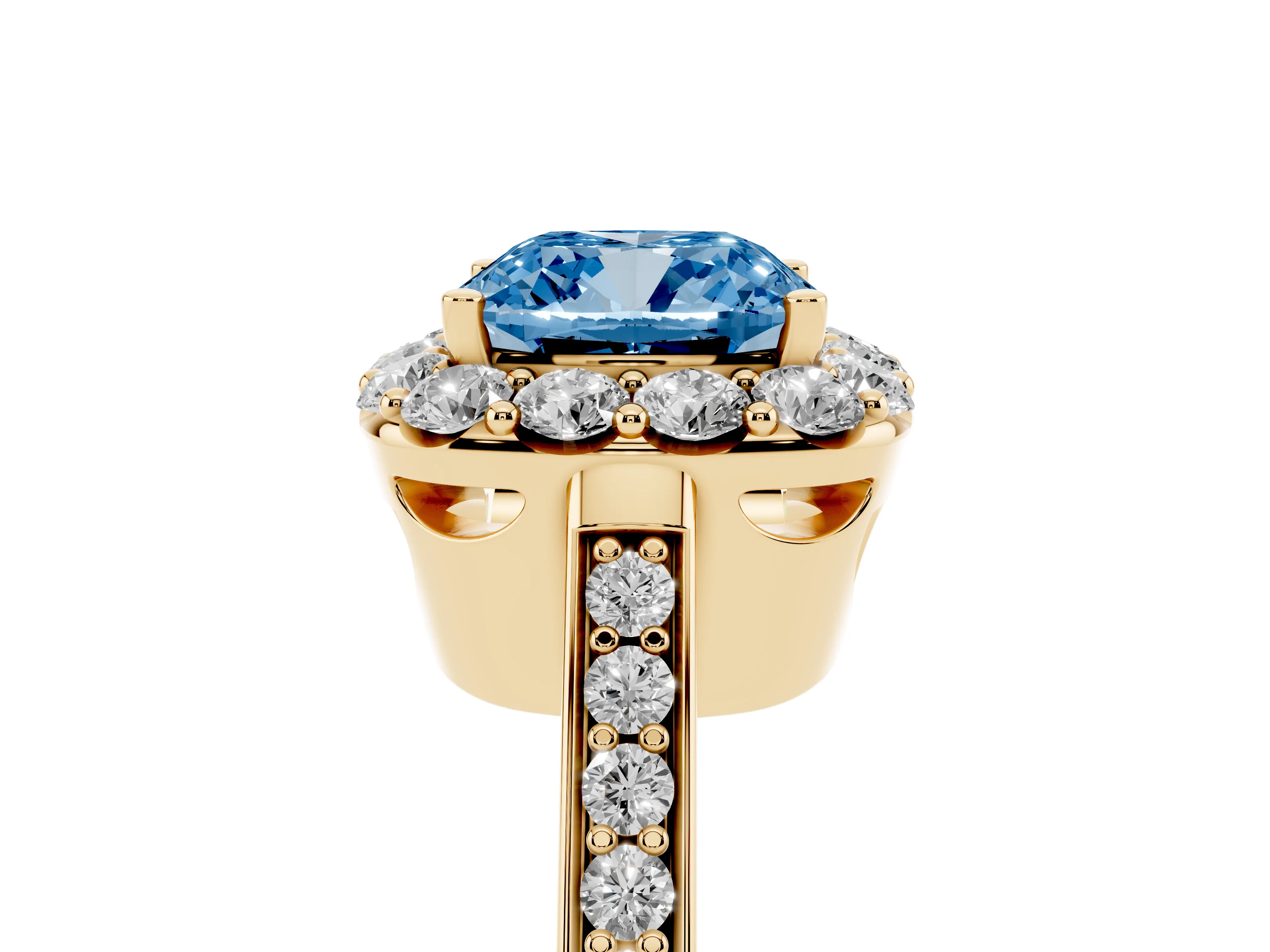Fancy Blue Cushion Cut Diamond Floral Halo Ring Set in Yellow gold with Pavé Band and Prong Setting