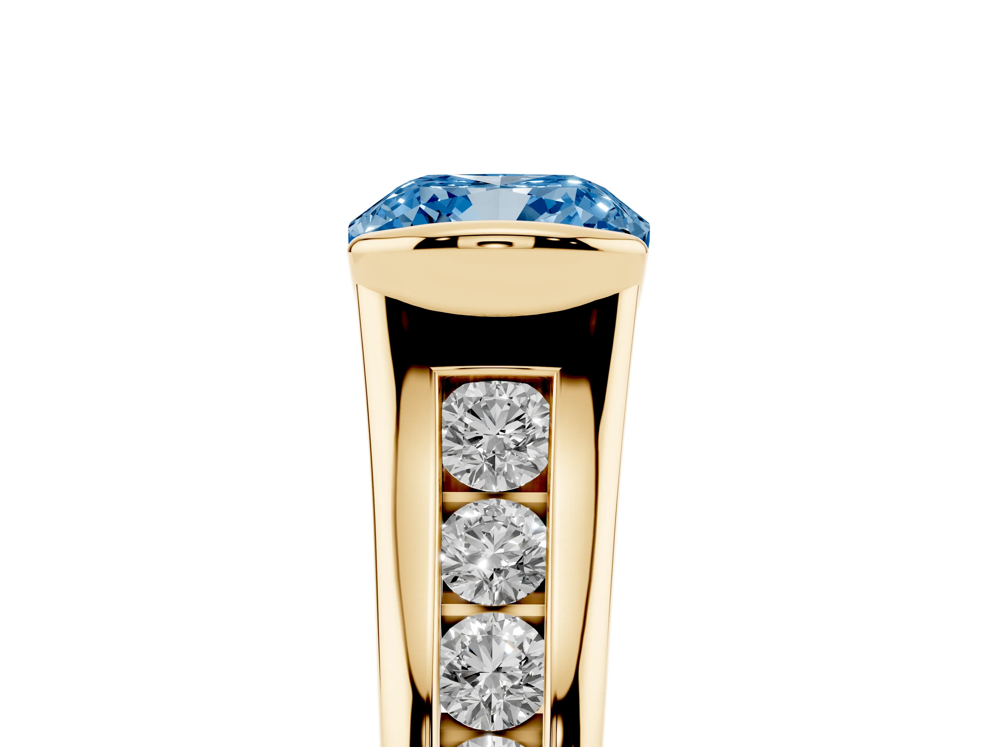 Fancy Blue Cushion Cut Diamond Bezel-Set Solitaire Ring Set in Yellow gold with Channel-Set Band