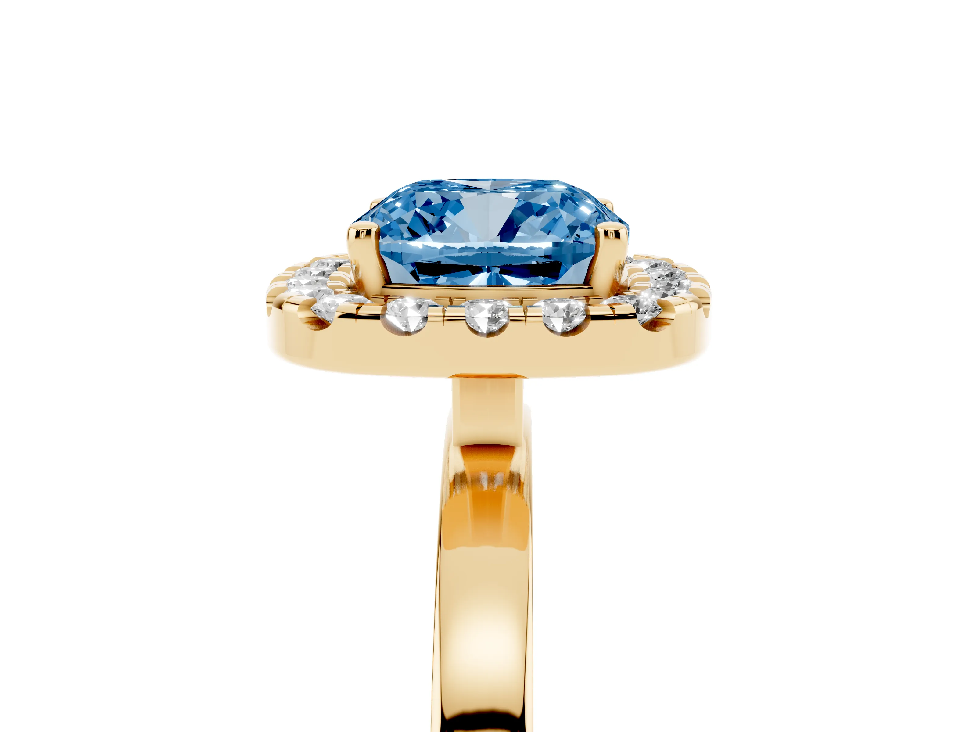 Fancy Blue Cushion Cut Diamond Halo Solitaire Ring Set in Yellow gold with Pavé Band and Prong Setting