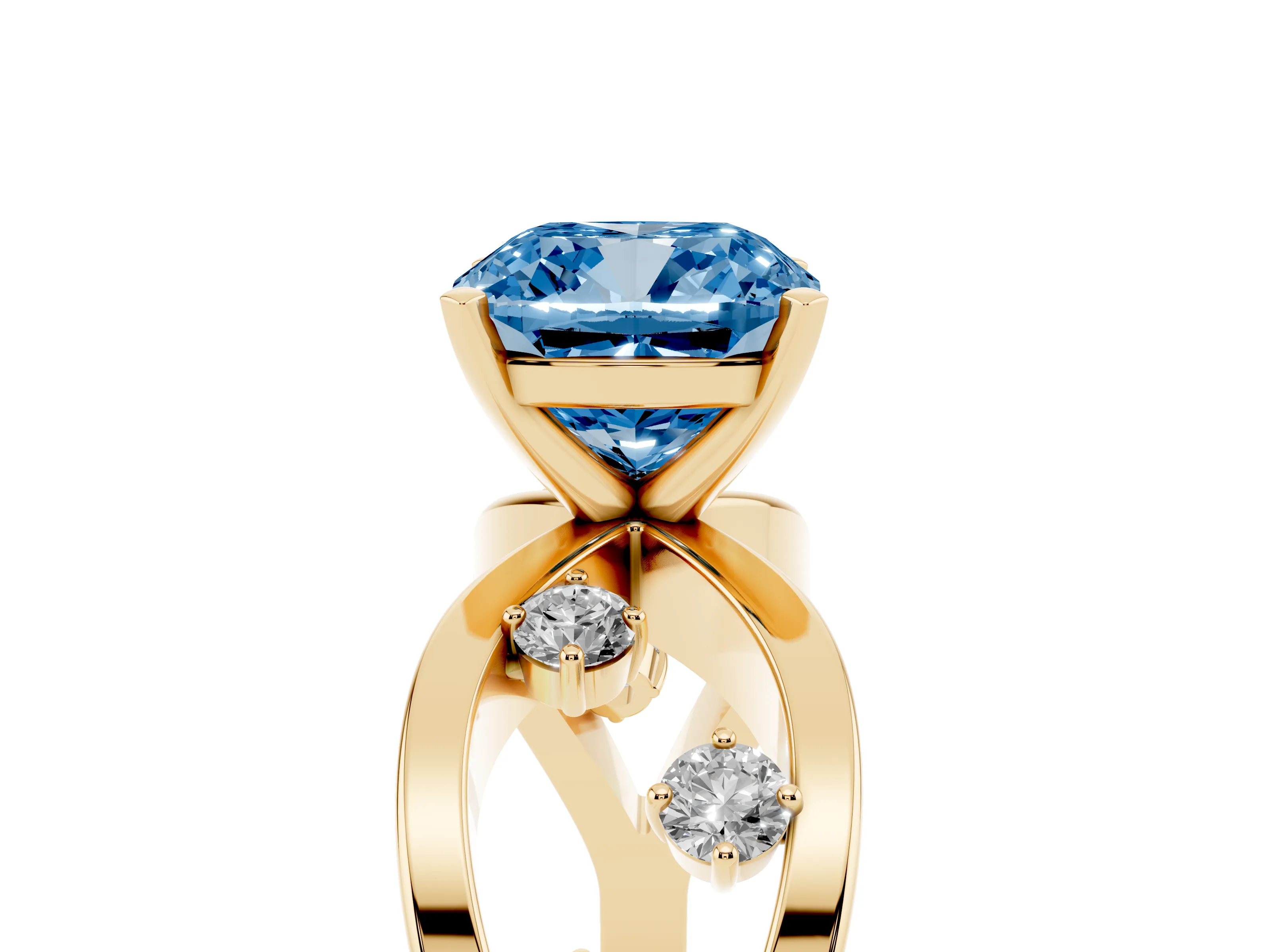 Fancy Blue Cushion Cut Diamond Solitaire Ring Set in Yellow gold with Side Stones on Criss-Cross Band and Prong Setting