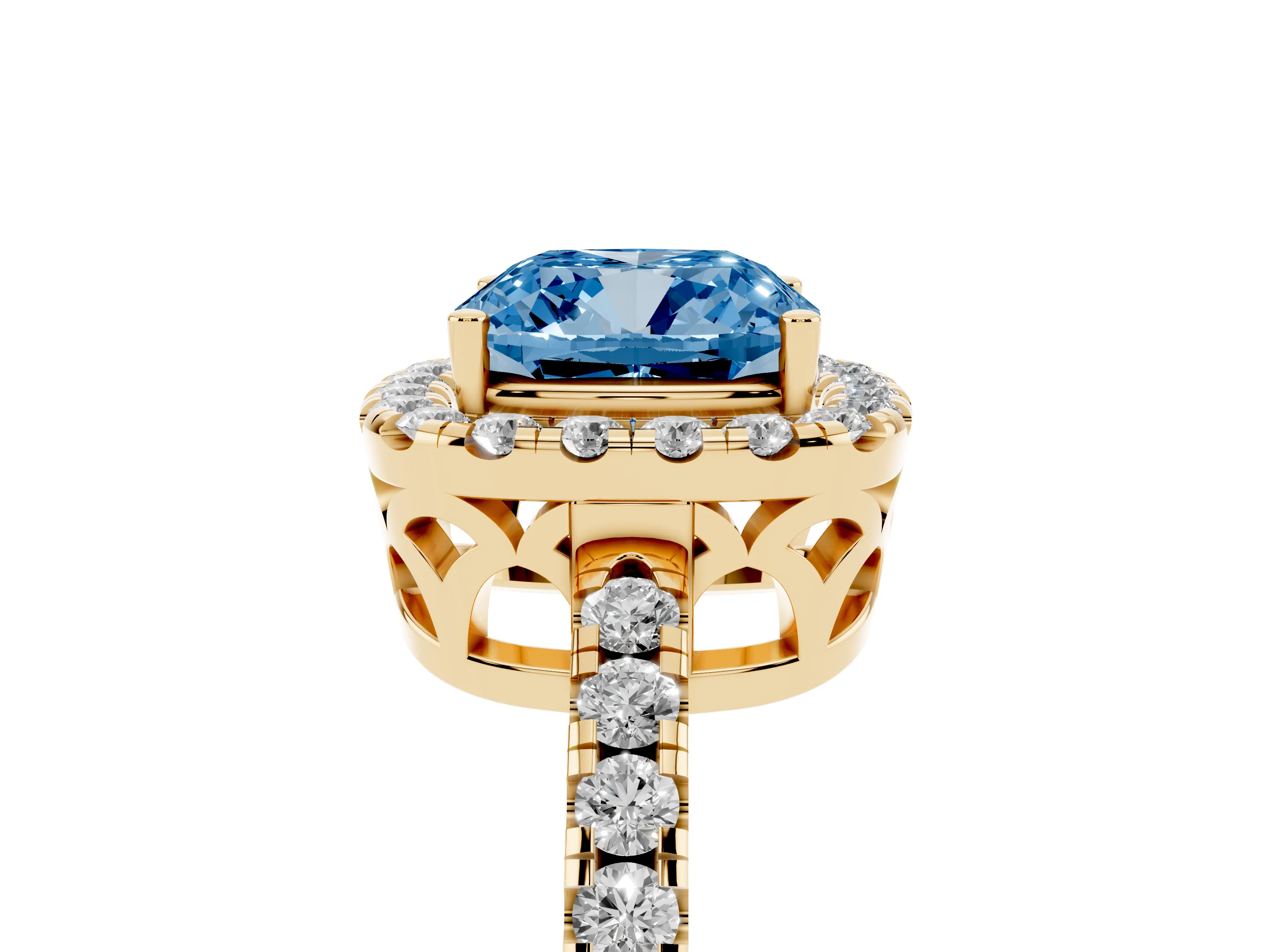 Fancy Blue Cushion Cut Diamond Pavé Band Halo Engagement Ring Set in Yellow gold with Prong Setting