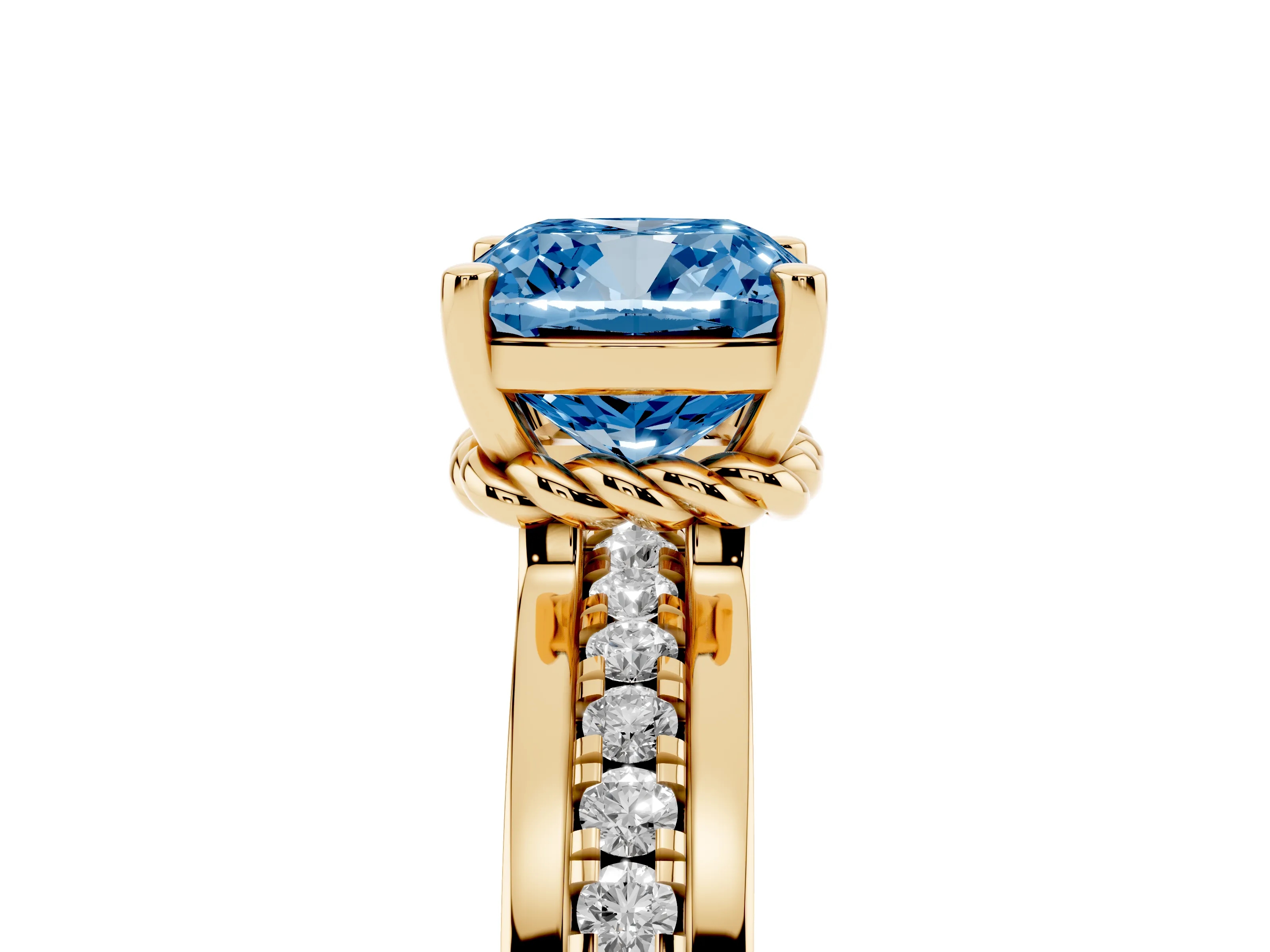 Fancy Blue Cushion Cut Diamond Solitaire Ring Set in Yellow gold with Channel Set Band and Prong Setting