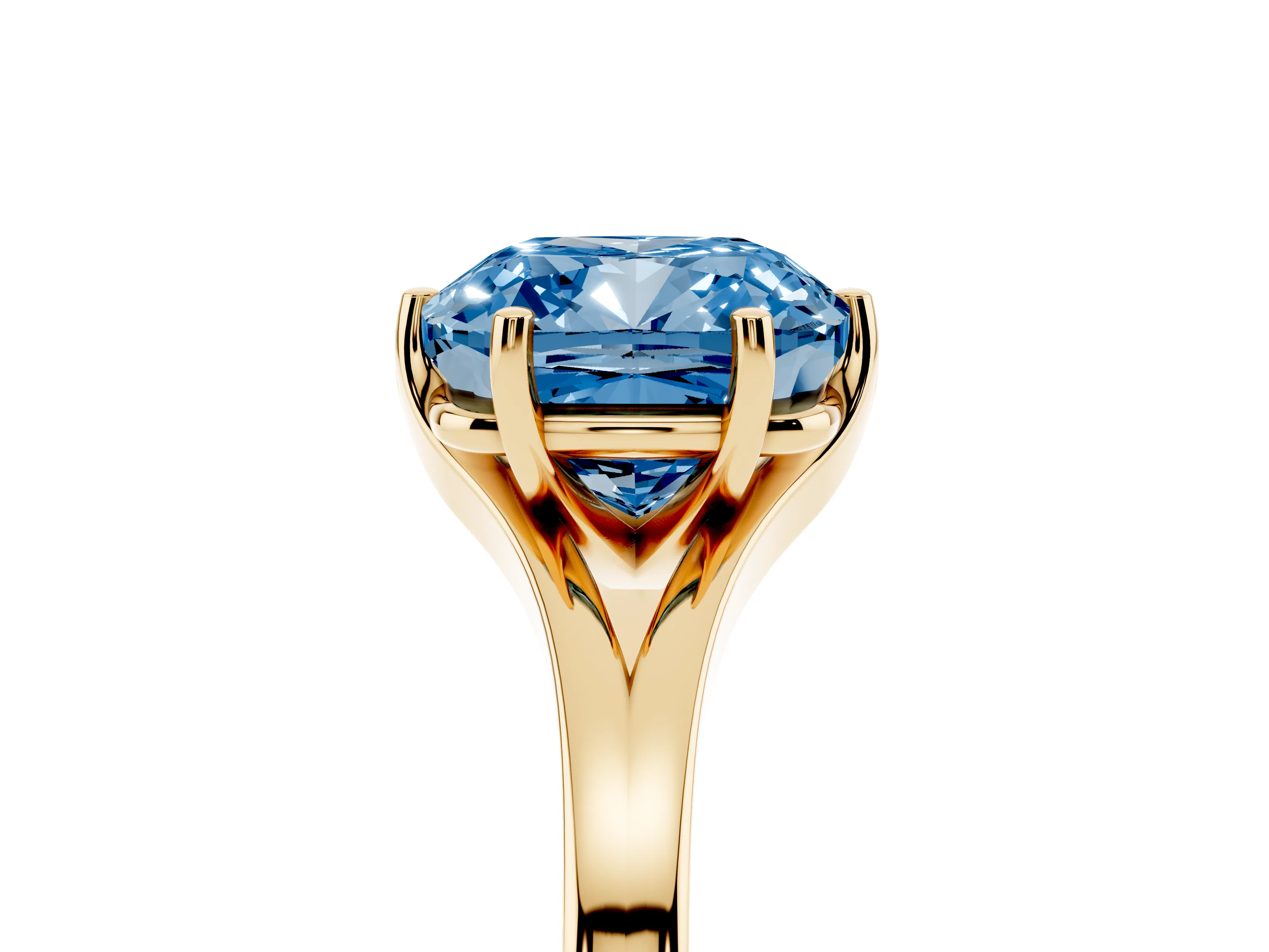 Fancy Blue Cushion Cut Diamond Solitaire Ring Set in Yellow gold with Polished Tapered Band and Prong Setting