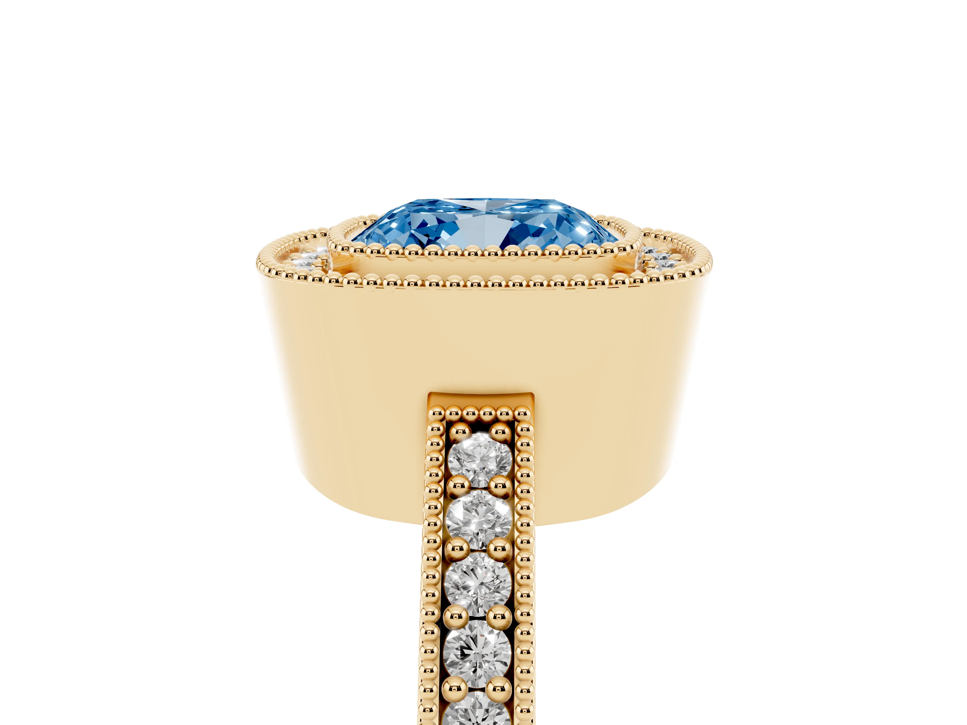 Fancy Blue Cushion Cut Diamond Halo Engagement Ring Set in Yellow gold with Pavé Band and Round Halo Stones