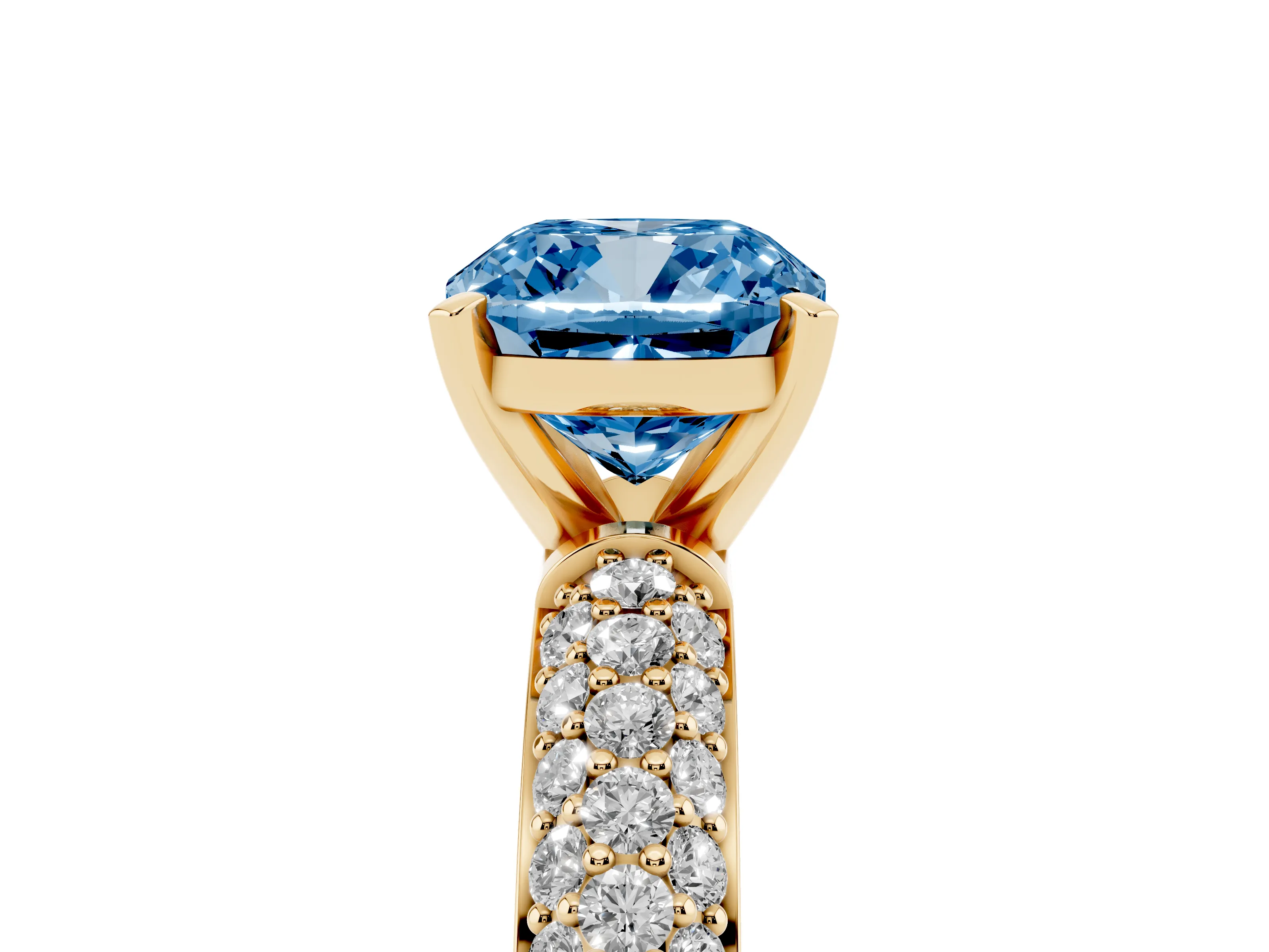 Fancy Blue Cushion Cut Diamond Solitaire Ring Set in Yellow gold with Prong Setting and Pavé-Set Band