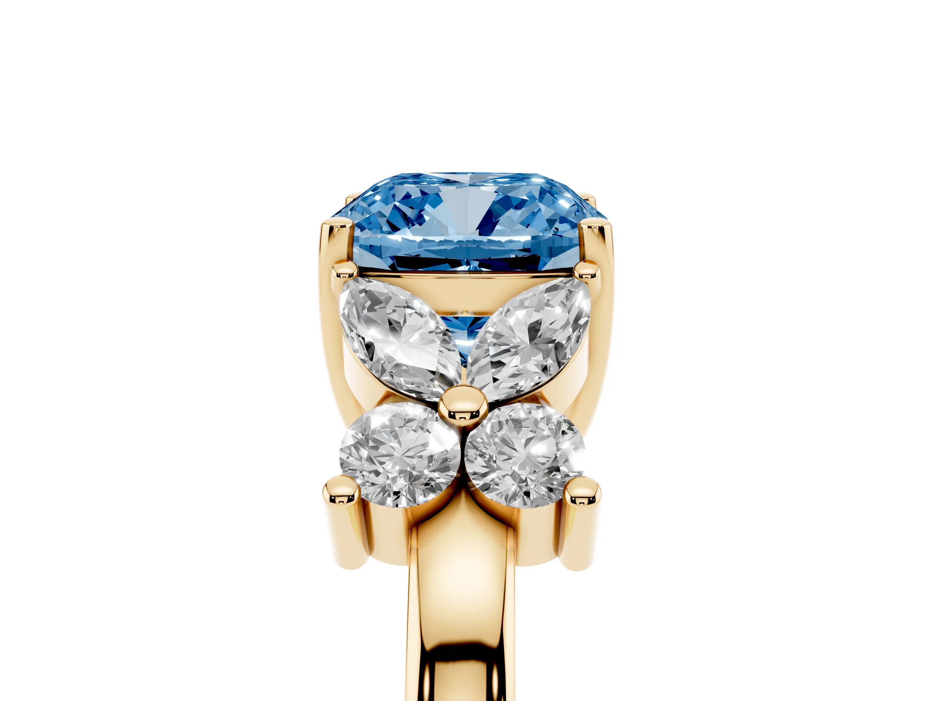 Fancy Blue Cushion Cut Diamond Floral Cluster Ring Set in Yellow gold with Marquise Petals and Prong Setting