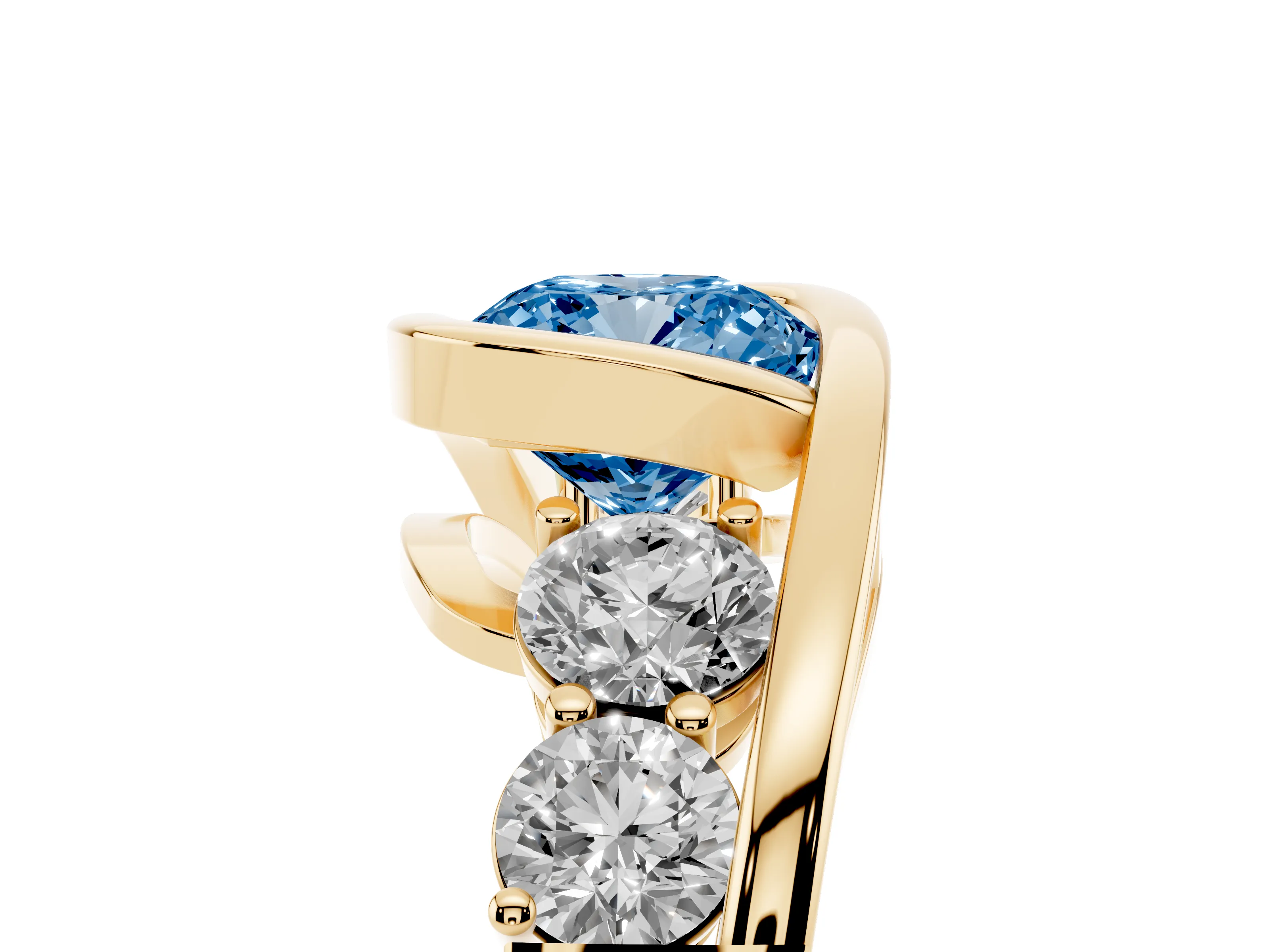 Fancy Blue Cushion Cut Diamond Bezel Bypass Ring Set in Yellow gold with Round Accents