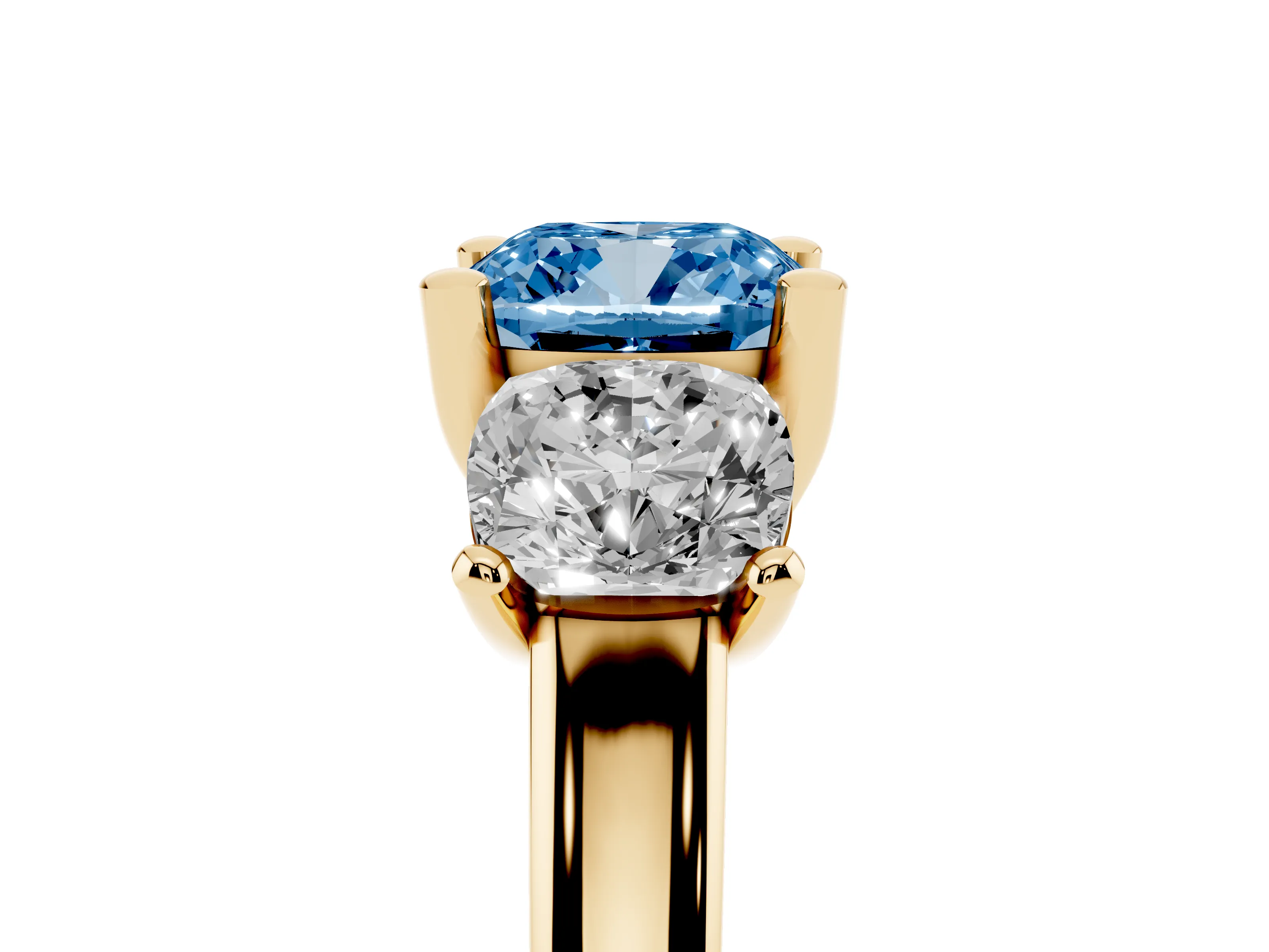 Fancy Blue Cushion Cut Diamond Three-Stone Ring Set in Yellow gold with Classic Prong Setting and Plain Band