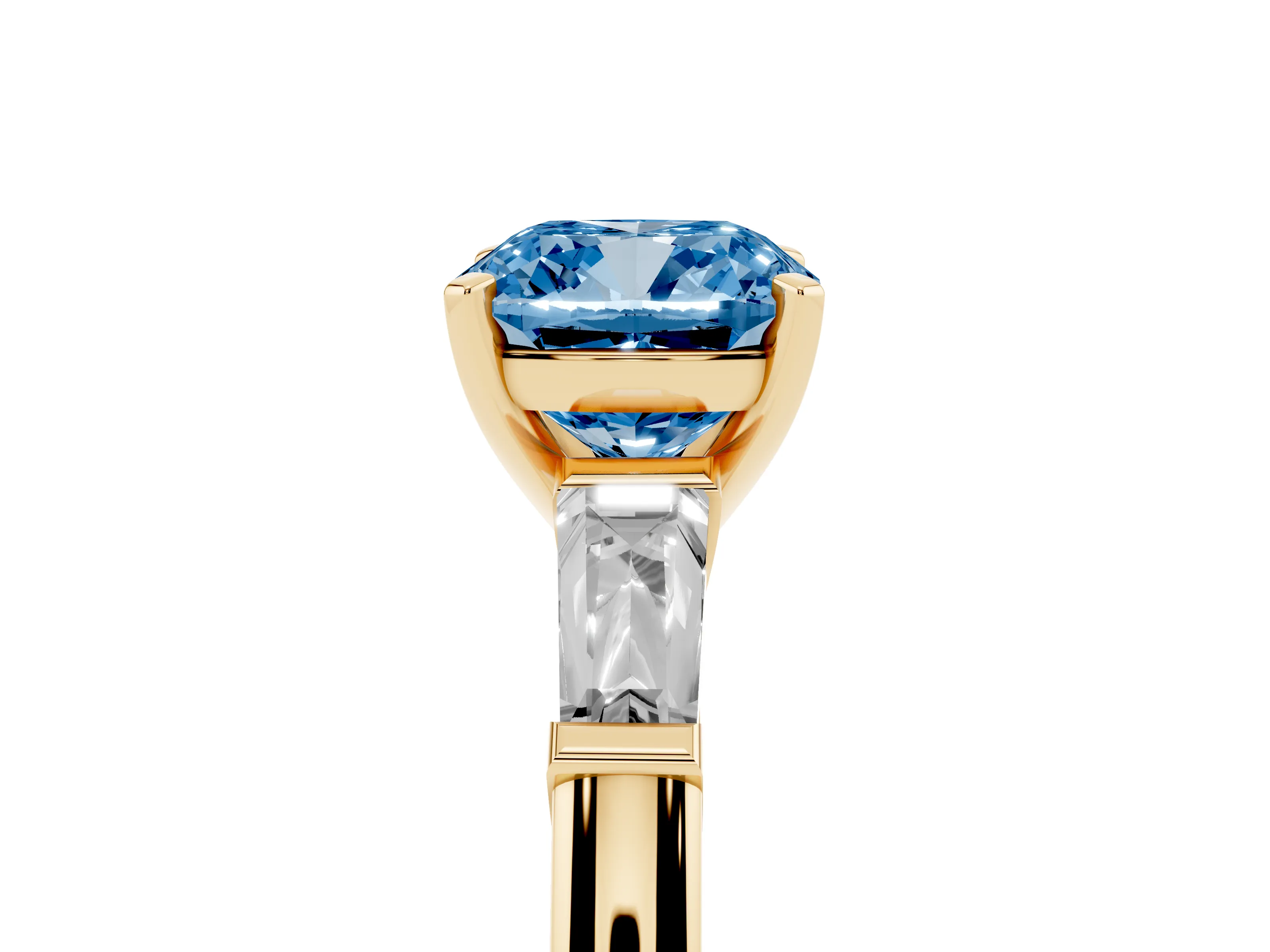 Fancy Blue Cushion Cut Diamond Solitaire Ring Set in Yellow gold with Tapered Baguette Side Stones and Prong Setting