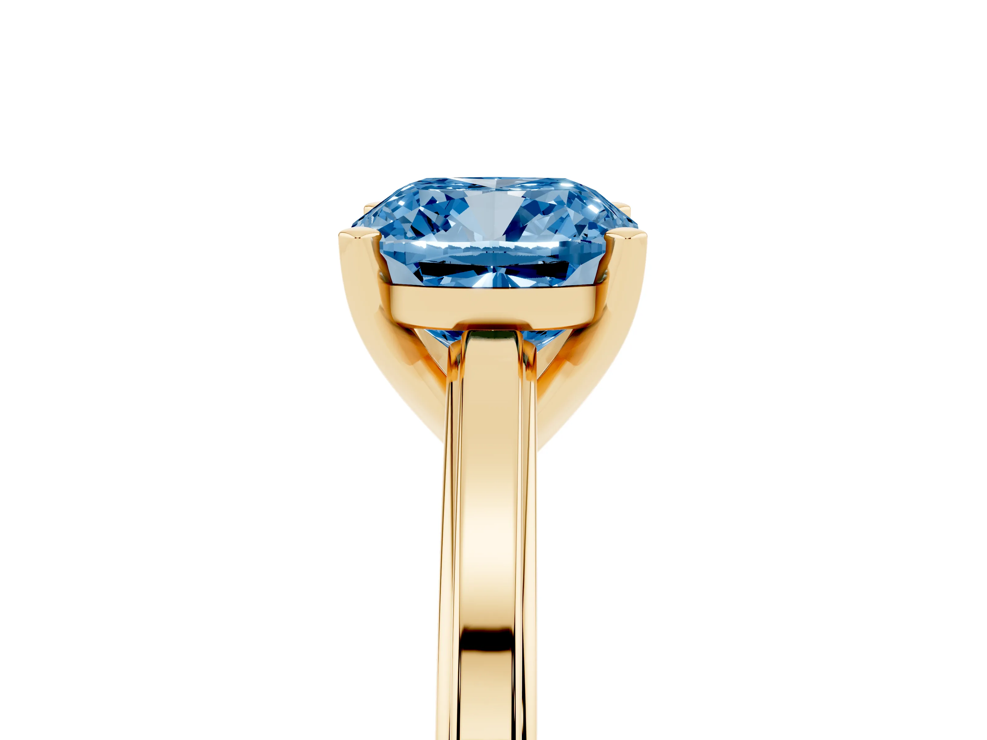 Fancy Blue Cushion Cut Diamond Solitaire Ring Set in Yellow gold with Prong Setting and Classic Band