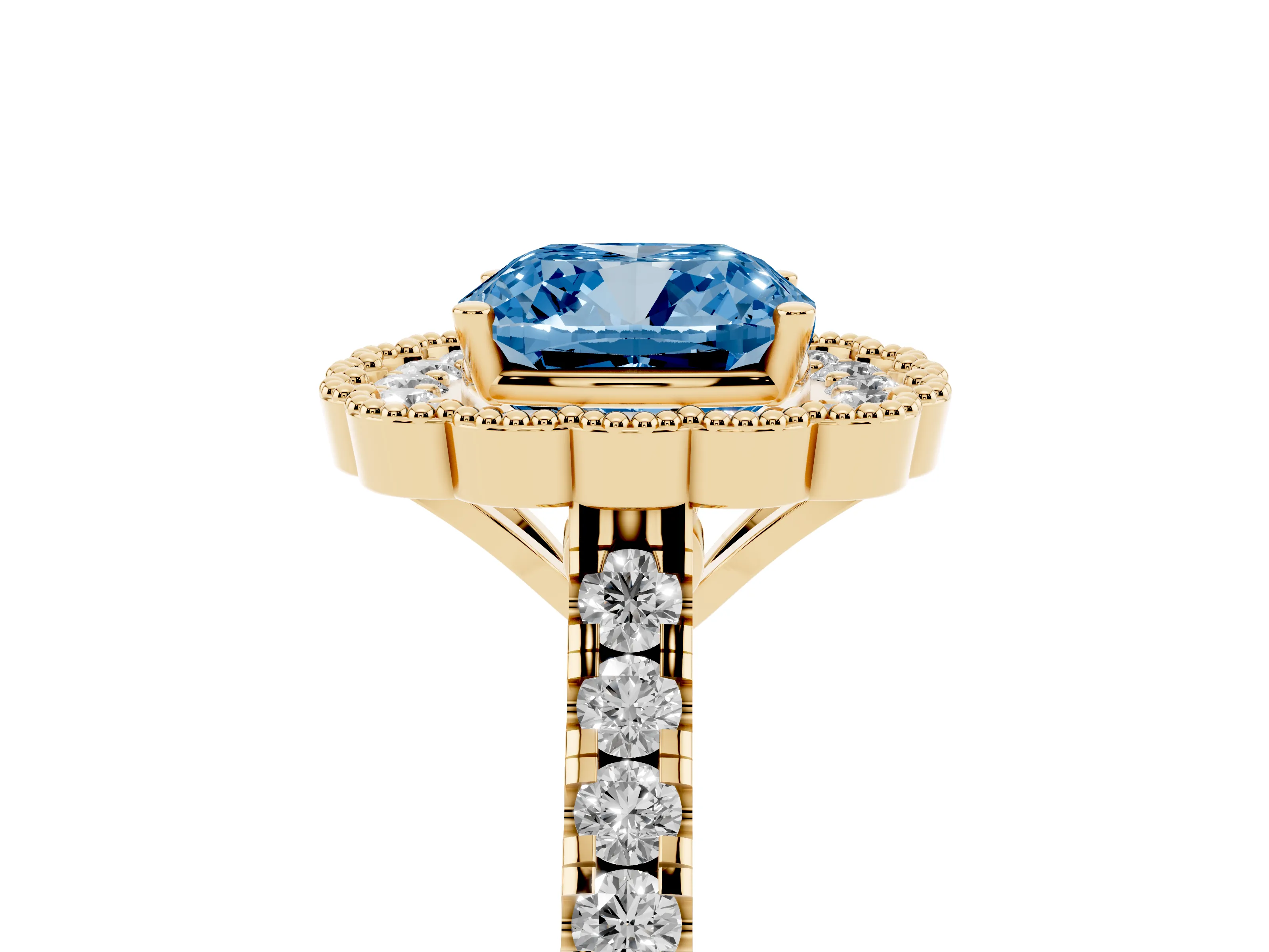 Fancy Blue Cushion Cut Diamond Milgrain Floral Halo Engagement Ring Set in Yellow gold with Pavé Band
