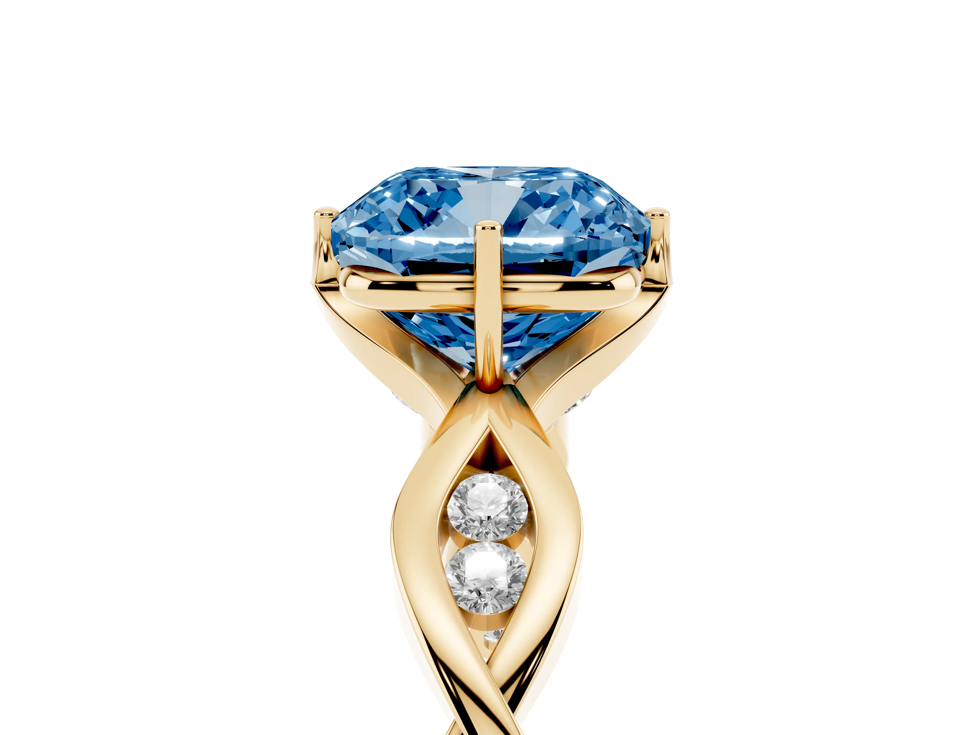 Fancy Blue Cushion Cut Diamond Twist Band Solitaire Ring Set in Yellow gold with Leaf Prong Setting and Accent Stones