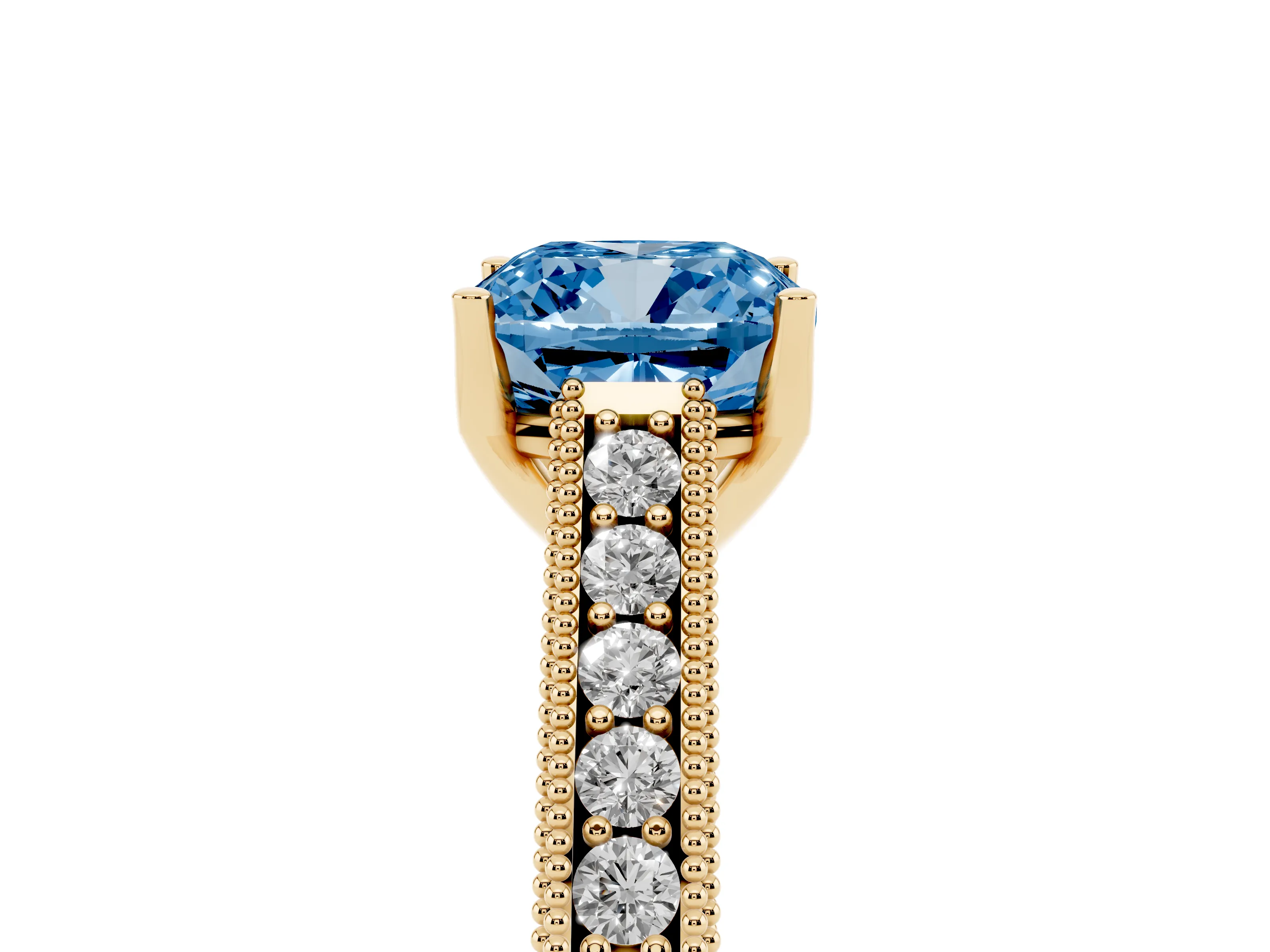 Fancy Blue Cushion Cut Diamond Milgrain Pavé Band Solitaire Ring Set in Yellow gold with Prong Setting