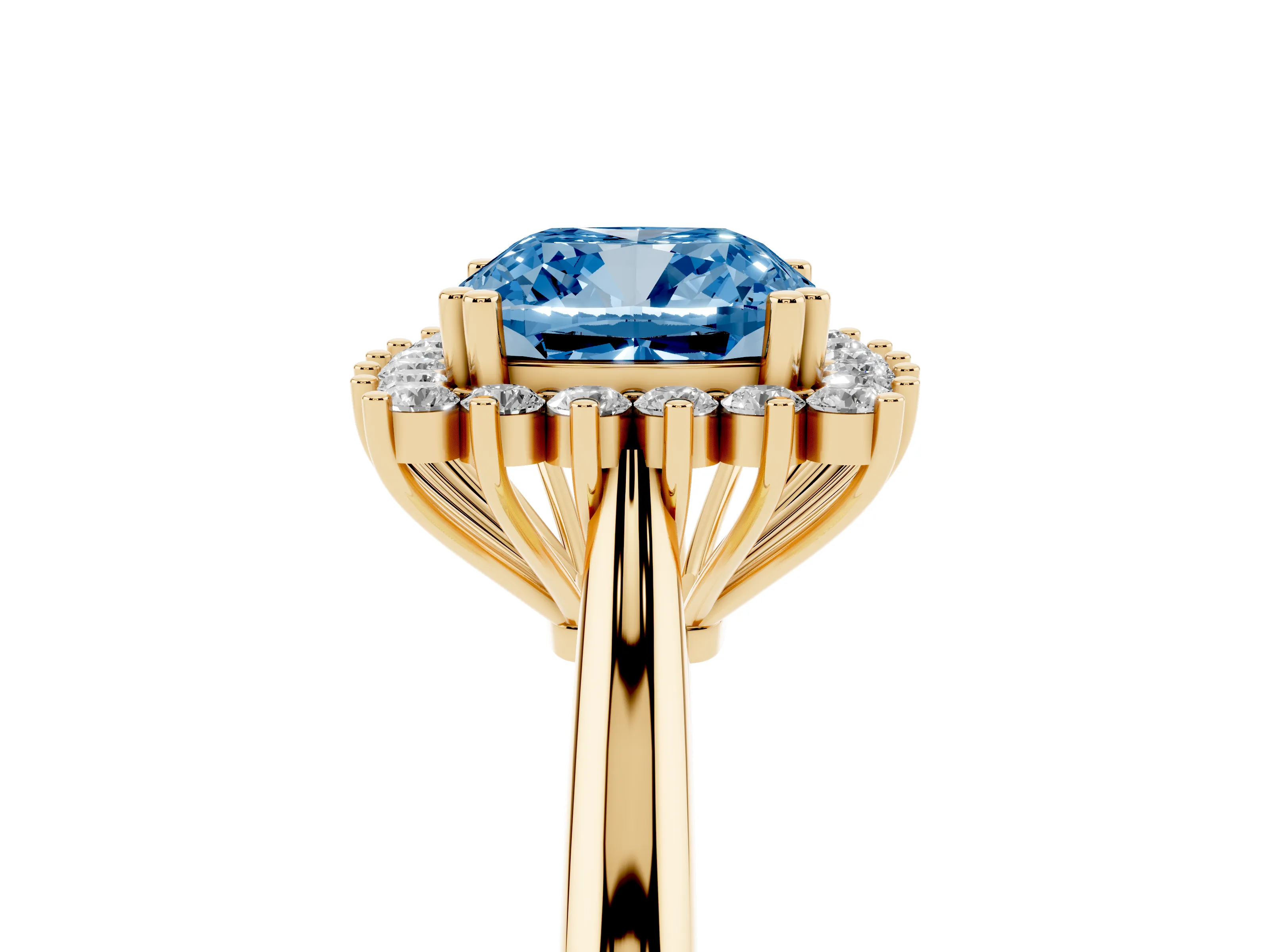 Fancy Blue Cushion Cut Diamond Halo Ring Set in Yellow gold with Plain Solitaire Band and Prong Setting
